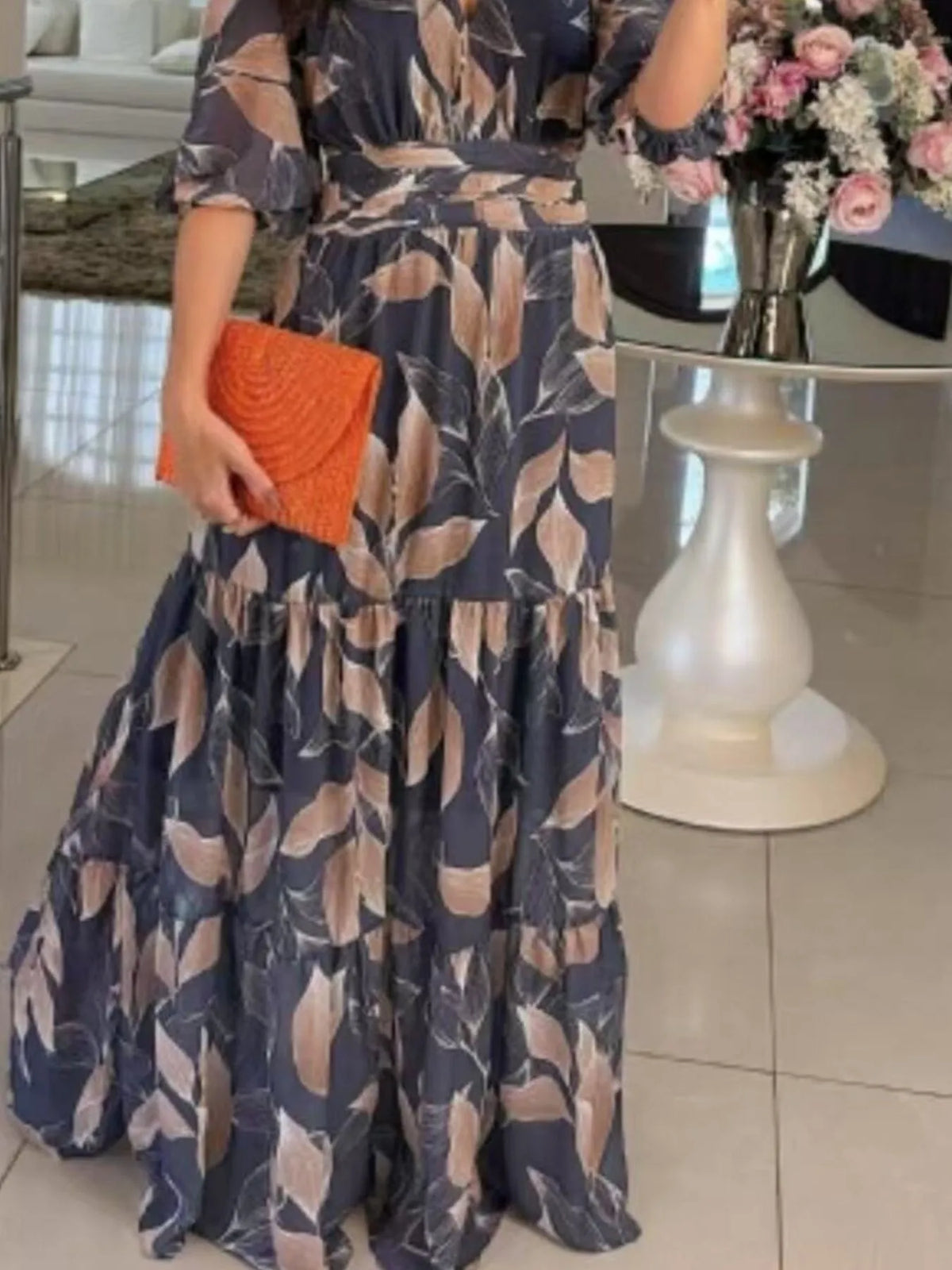 Printed V-Neck Tiered Hem Maxi Dress