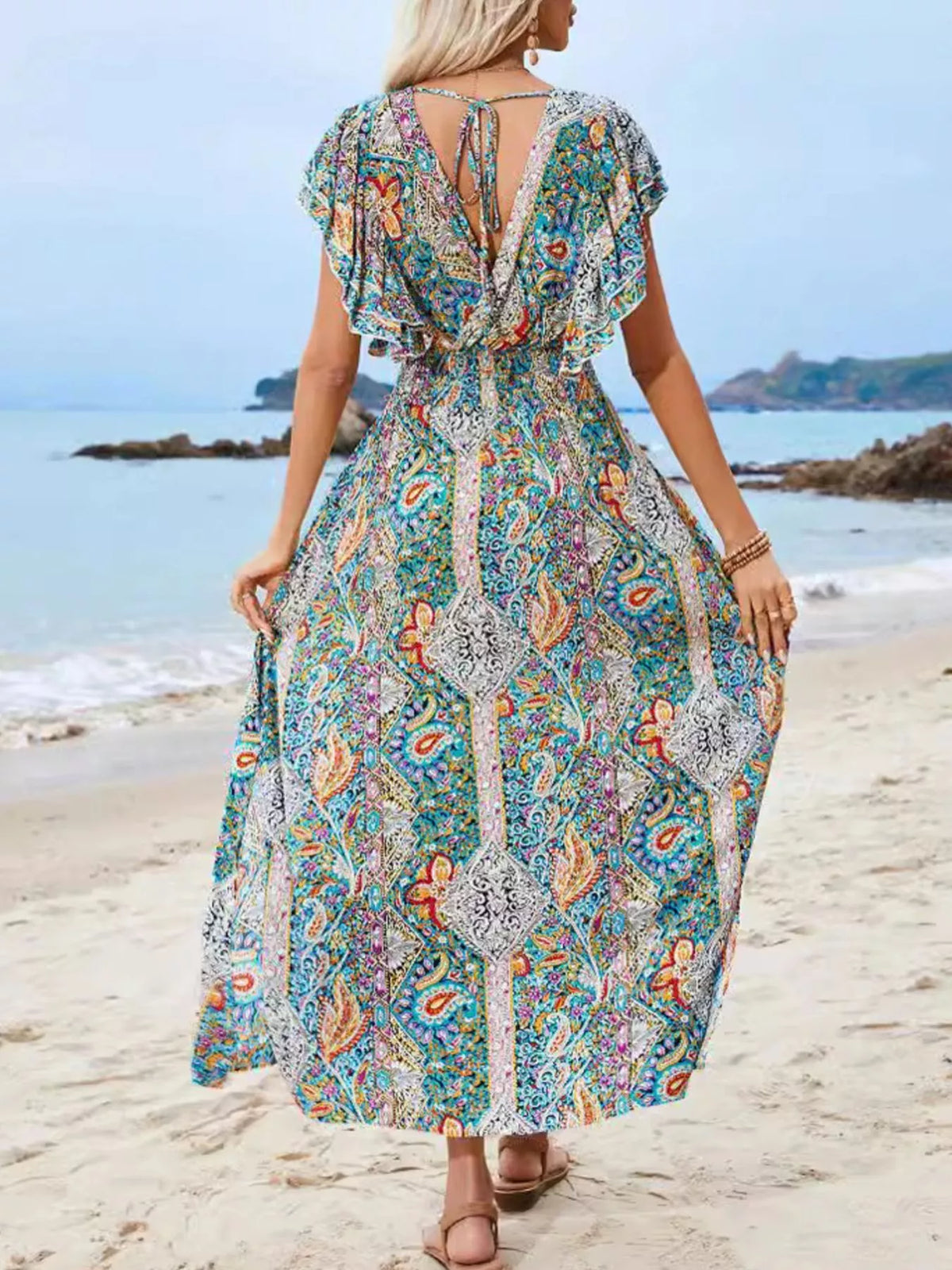 Paisley Print Flutter Sleeve Maxi Dress in Multicolor