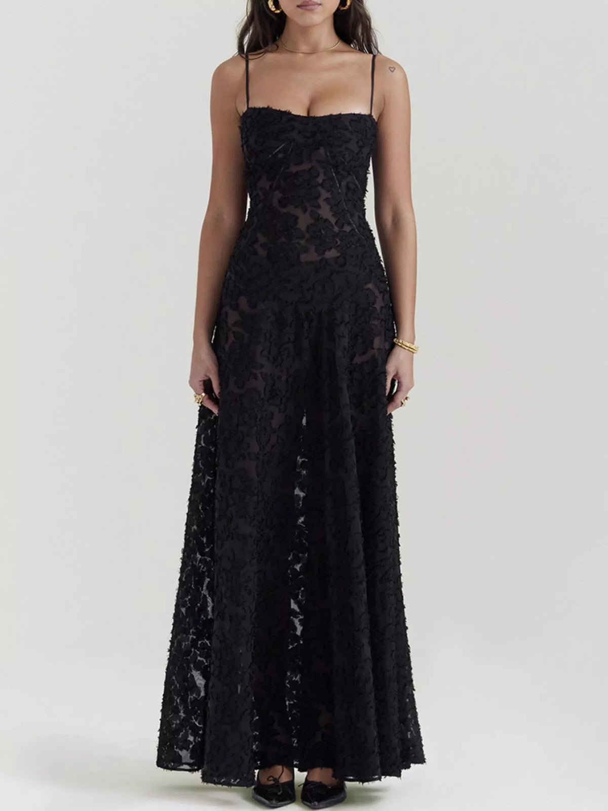 Lace-Up Spaghetti Strap Maxi Dress in Black by Elegant Elements