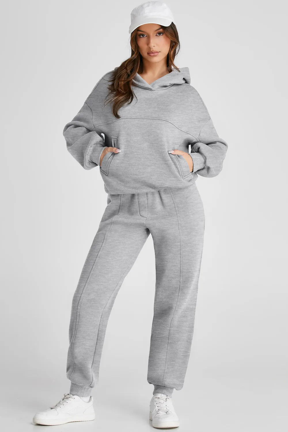 Dropped-Shoulder Hoodie and Pants Active Set in Gray
