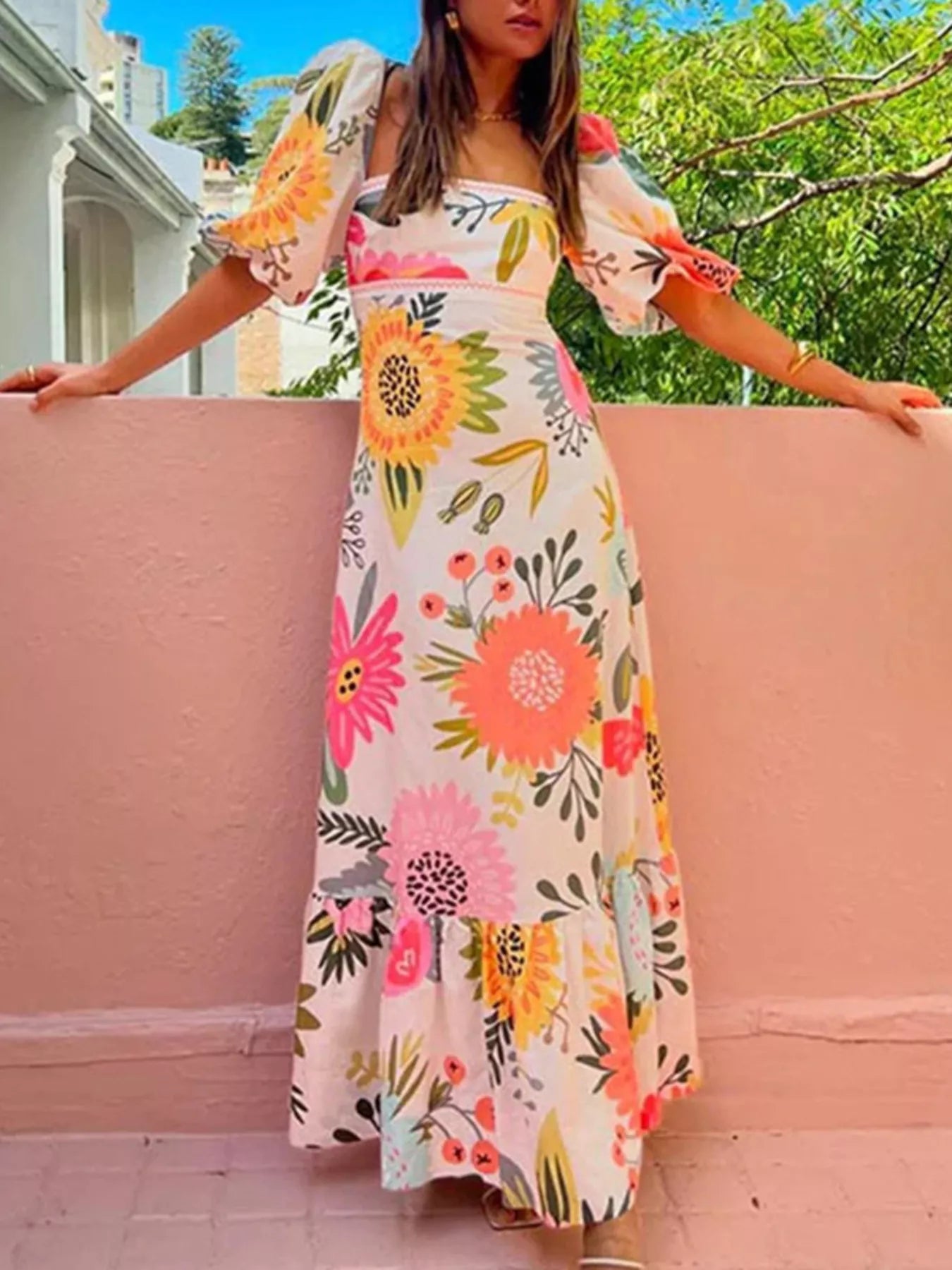 Floral Print Puff Sleeve Maxi Dress