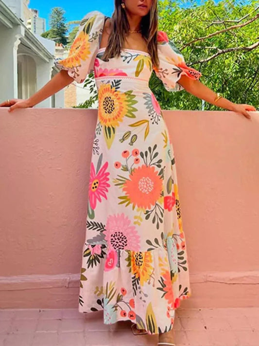 Floral Print Puff Sleeve Maxi Dress