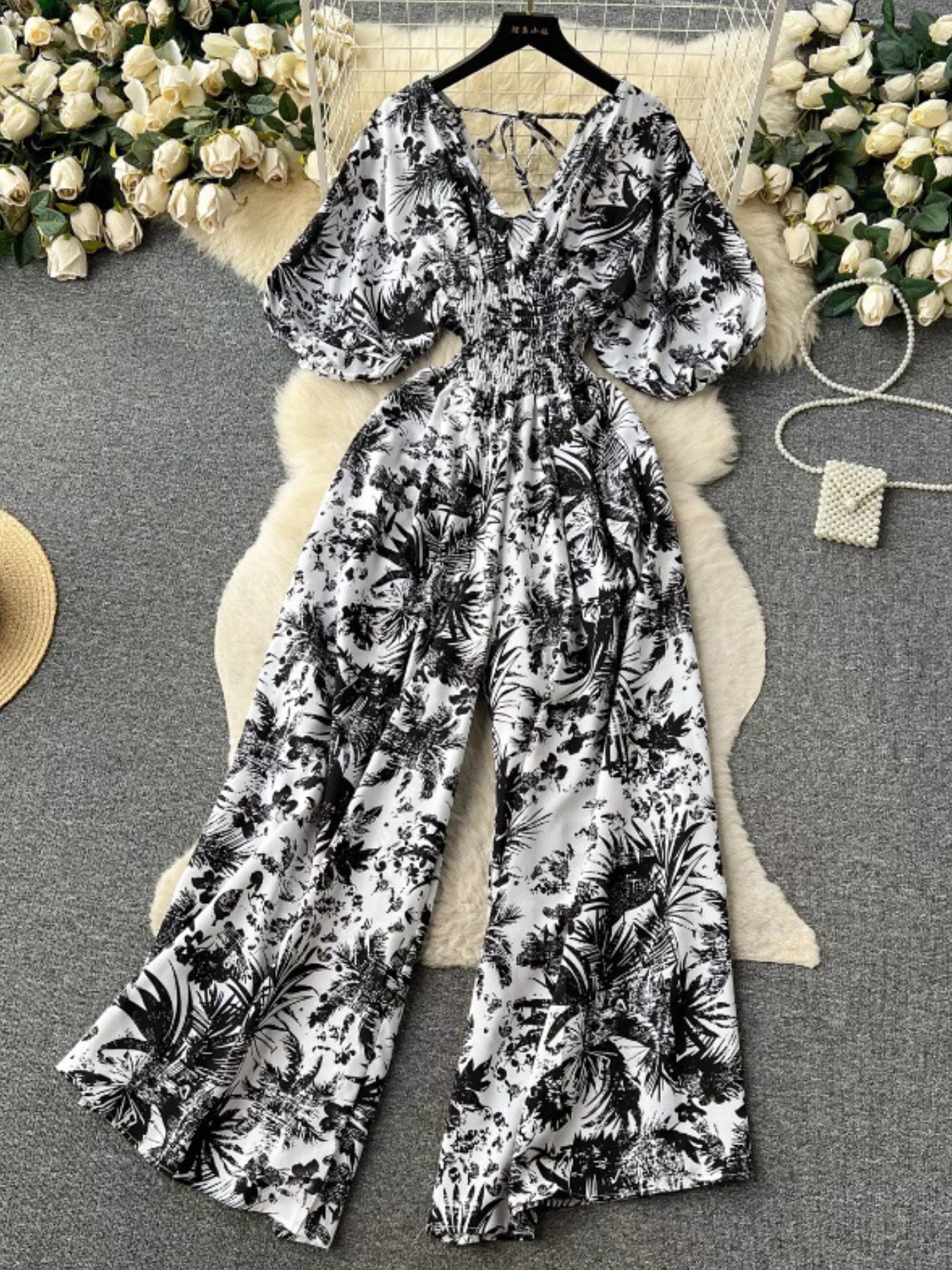 Smocked V-Neck Wide Leg Jumpsuit