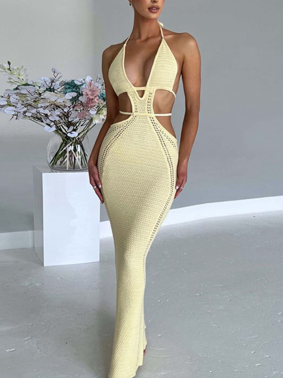 Halter Neck Cutout Knit Maxi Dress