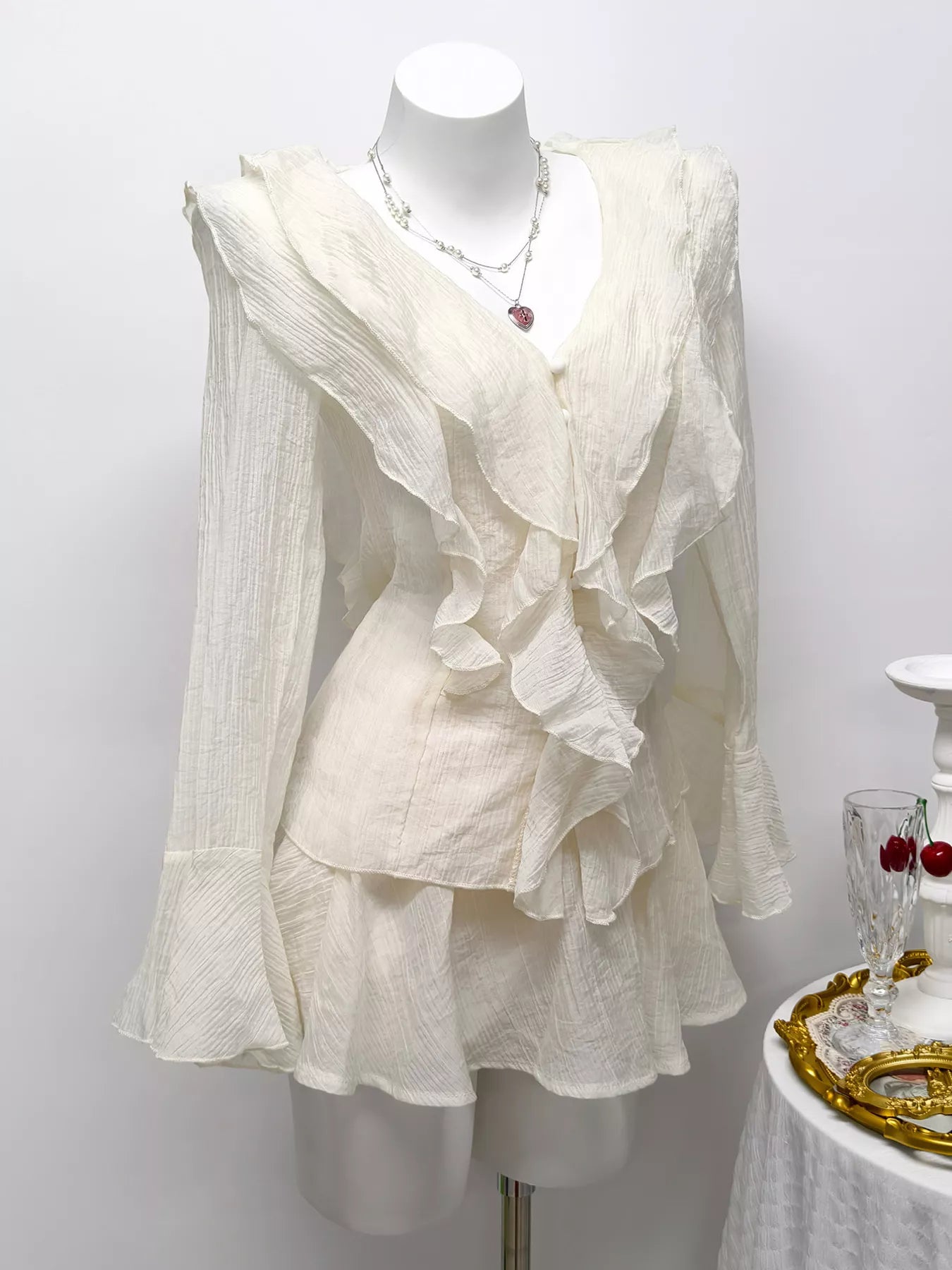 Ruffle Trimmed Blouse and Skirt Set in Apricot