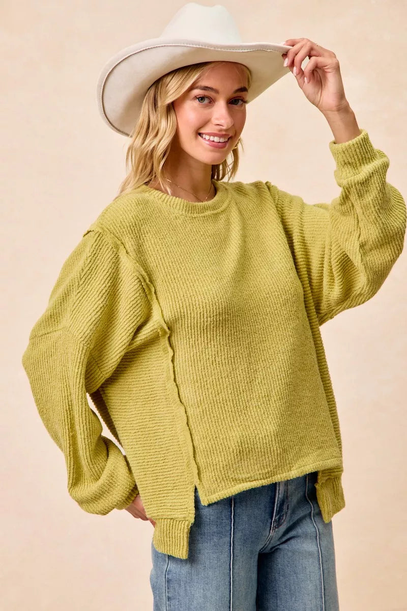 Boucle Uneven Hem Sweater in Lime by BiBi