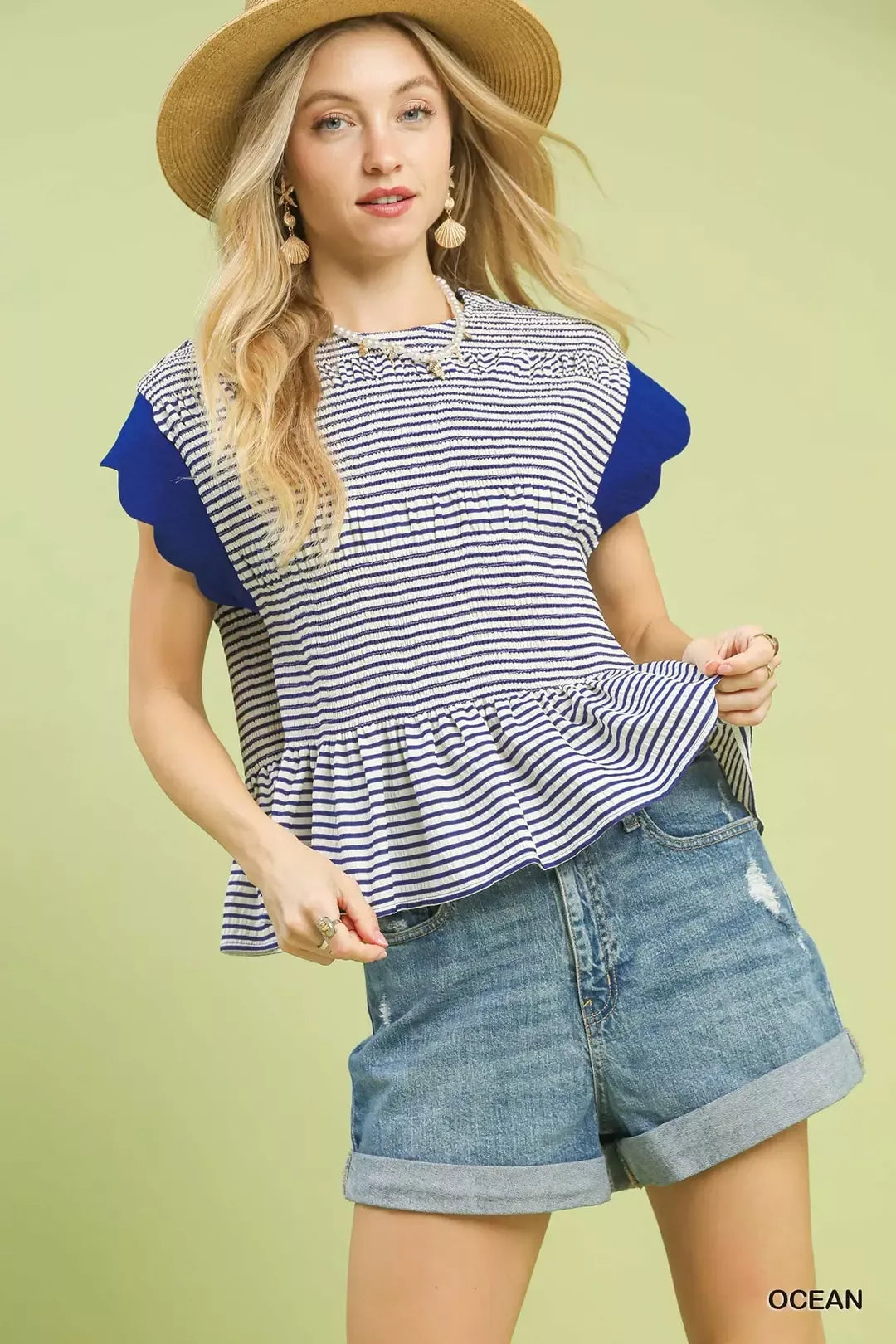 Umgee Stripe Ruffle Sleeve Peplum Top in Ocean