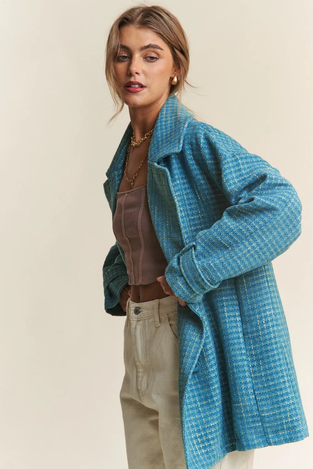 Tweed Double-Breasted Coat in Emerald Sea by J.NNA