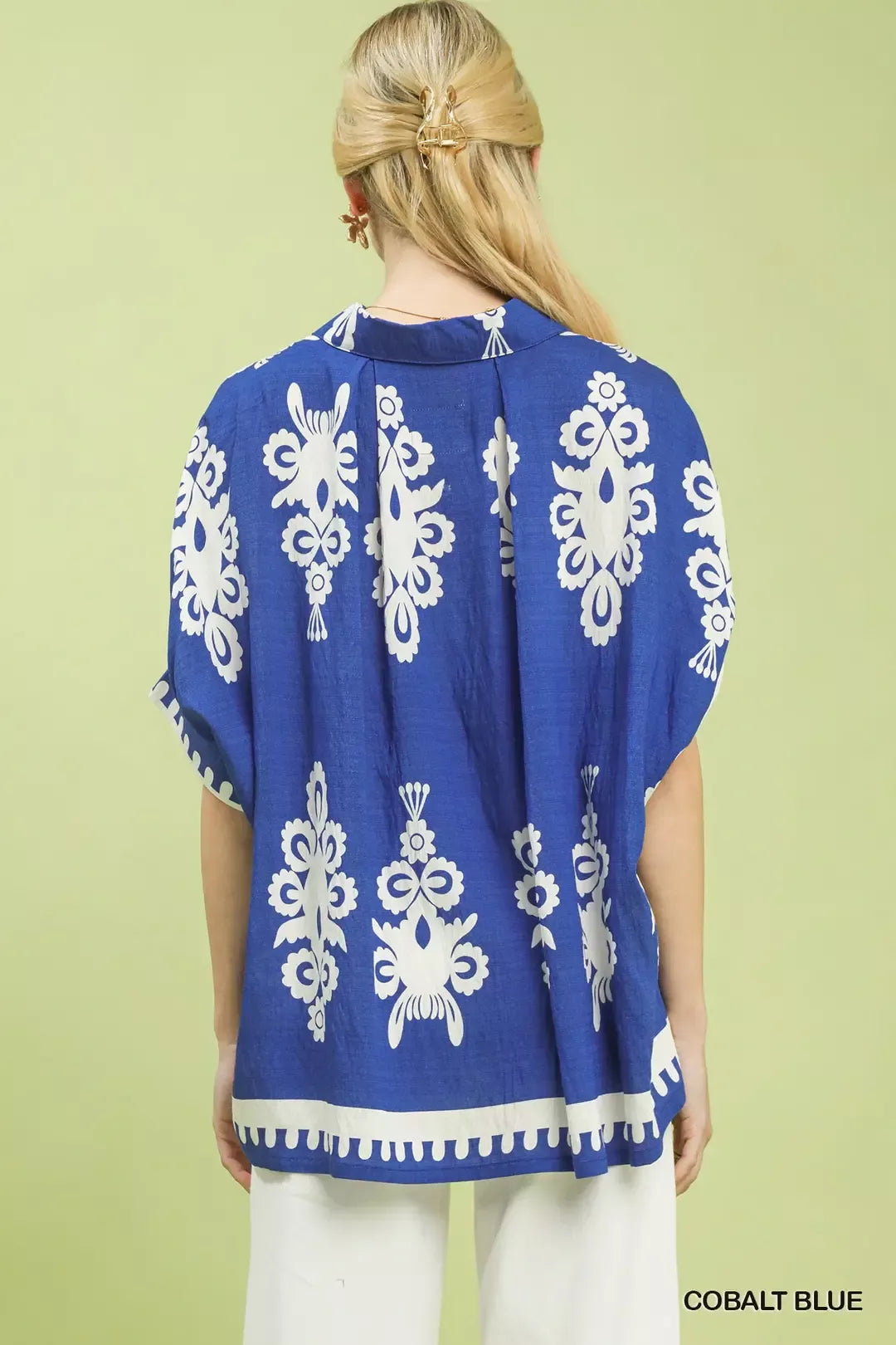 Umgee Abstract Print Button-Down Shirt in Cobalt Blue