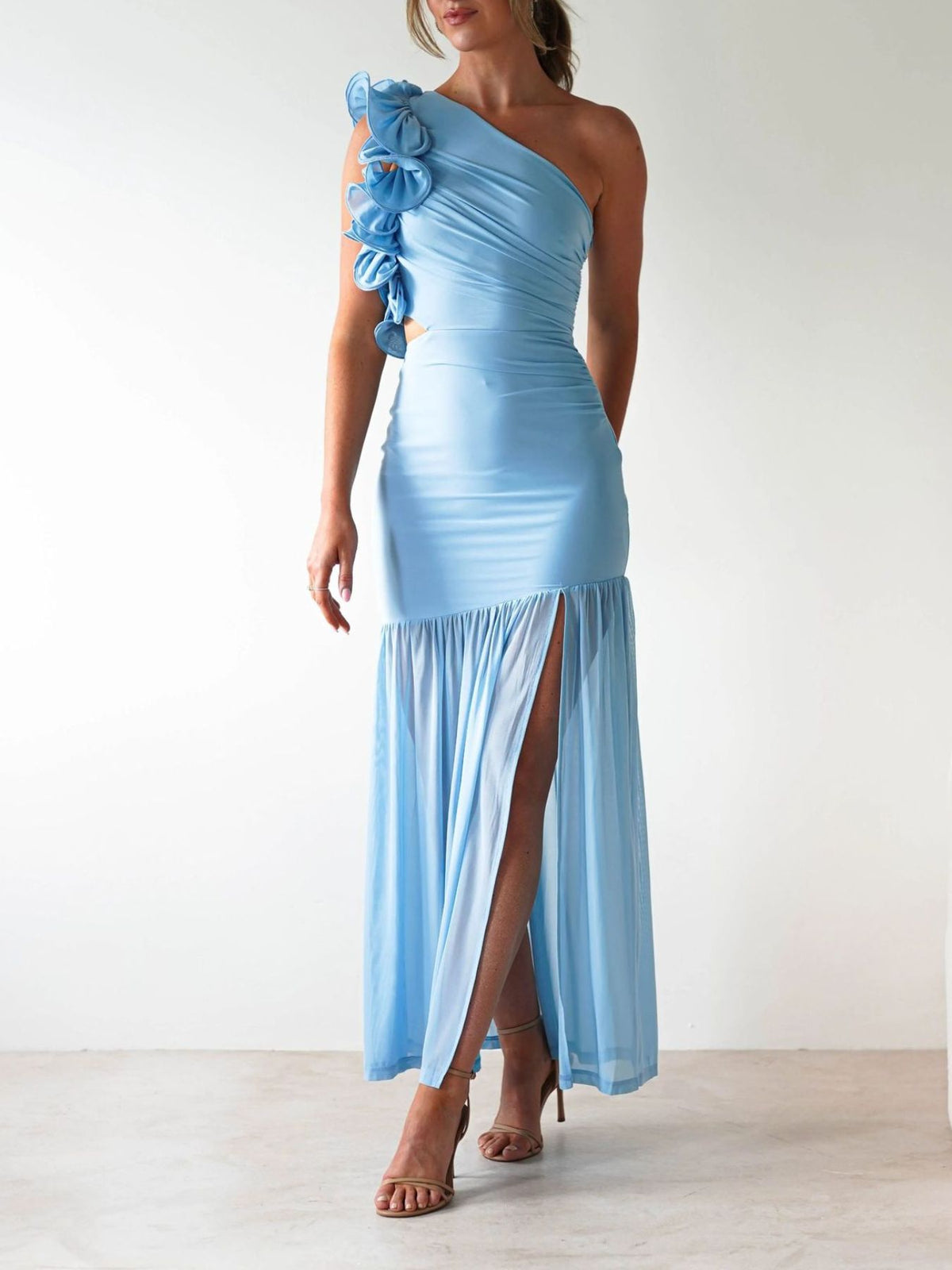 One-Shoulder Ruffle Trim Maxi Dress