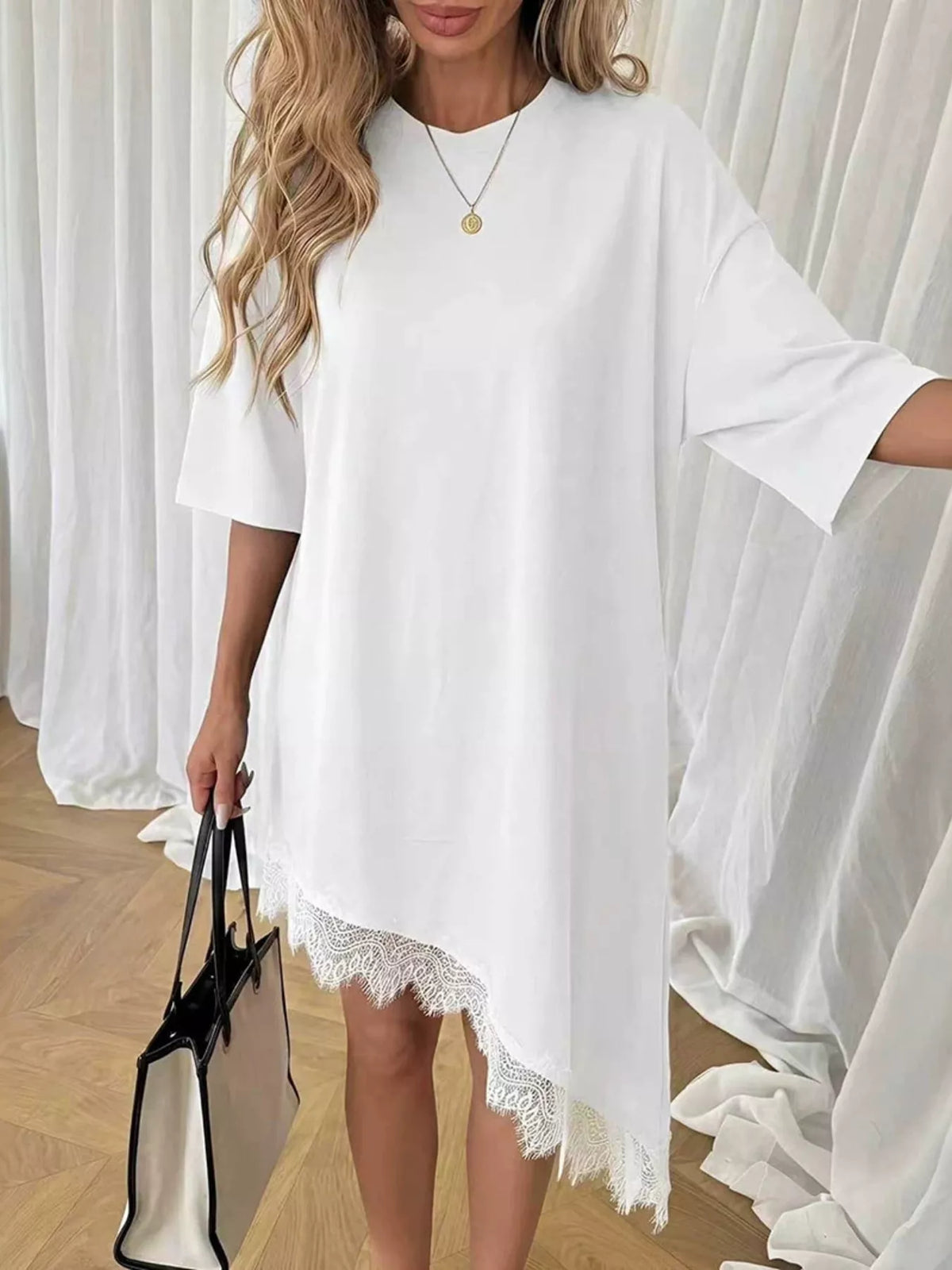 Asymmetrical Hem T-Shirt Dress with Lace Trim
