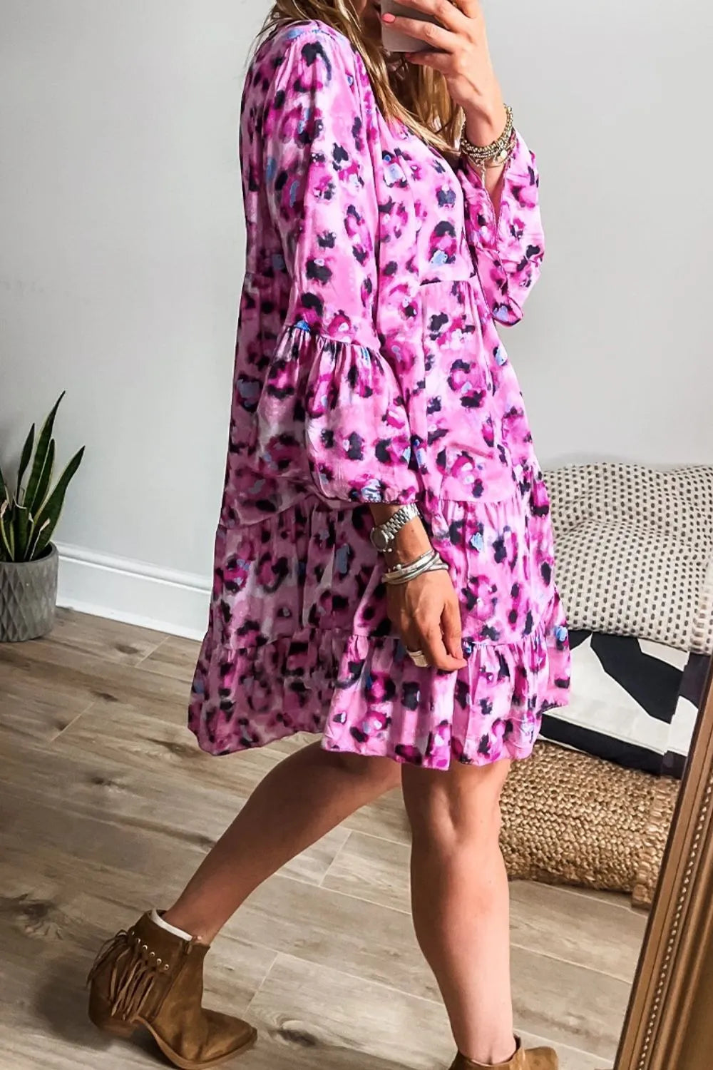 Leopard Print Buttoned Tiered Ruffle Dress