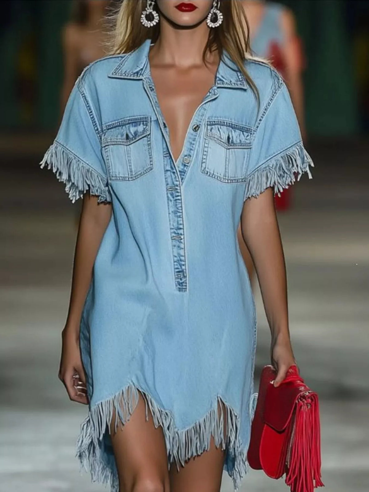 Fringed Short Sleeve Denim Shirt Dress in Light Blue