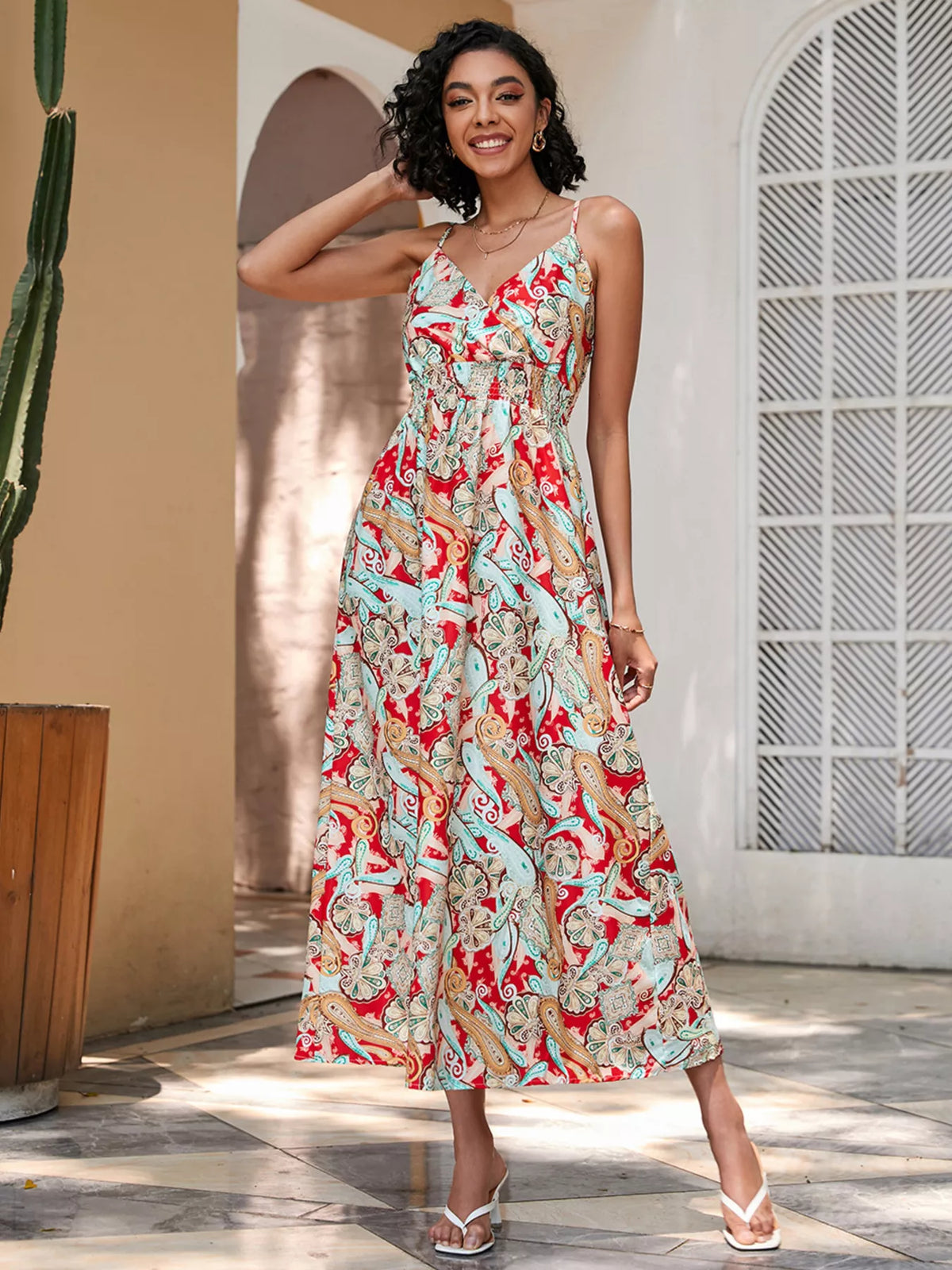 Floral Spaghetti Strap Midi Dress in Scarlet