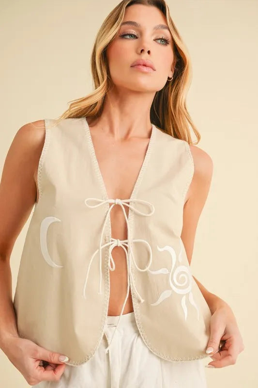 Embroidered Tie Front Vest Coat in Oat