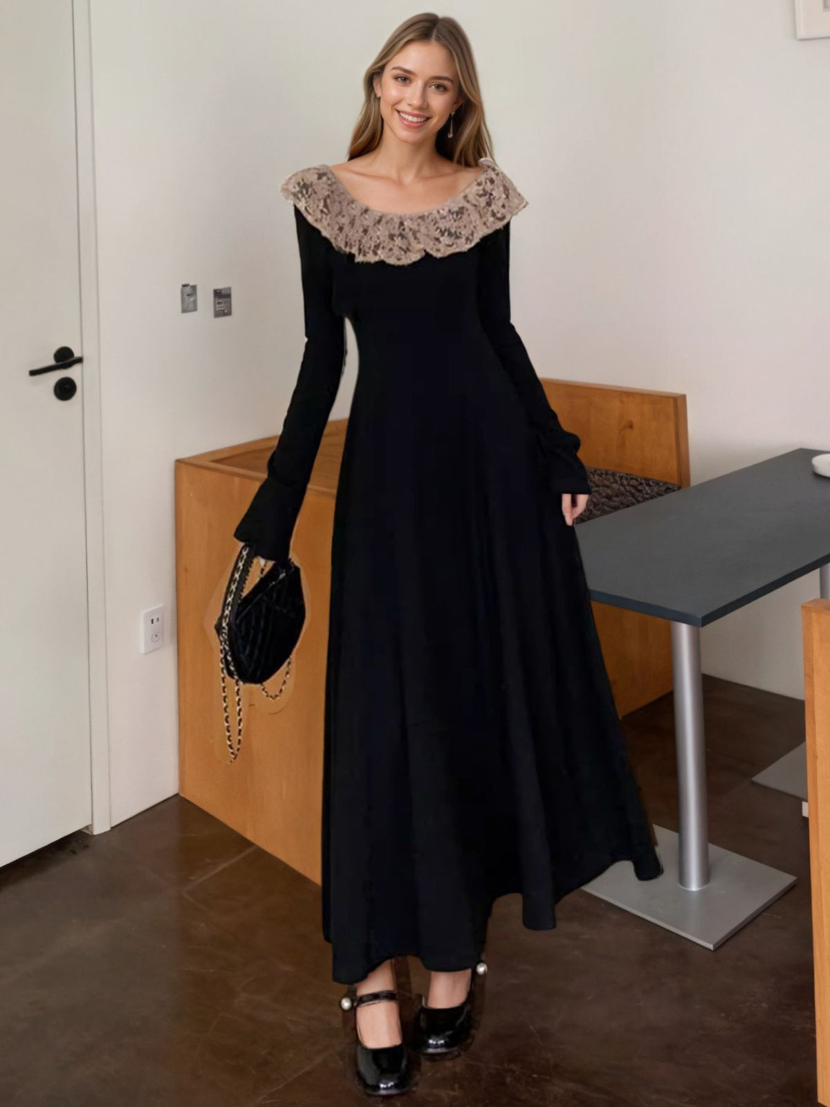 Lace Collar Long Sleeve Dress in Black