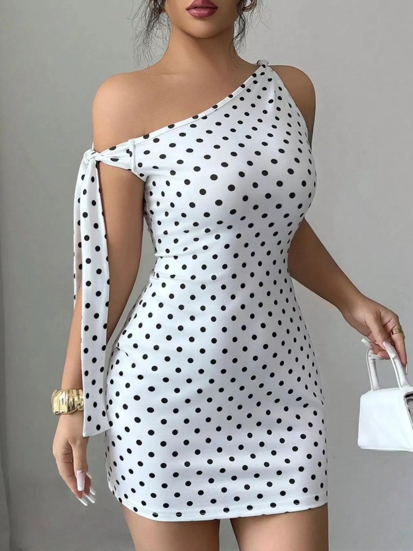 One-Shoulder Polka Dot Bodycon Mini Dress in White