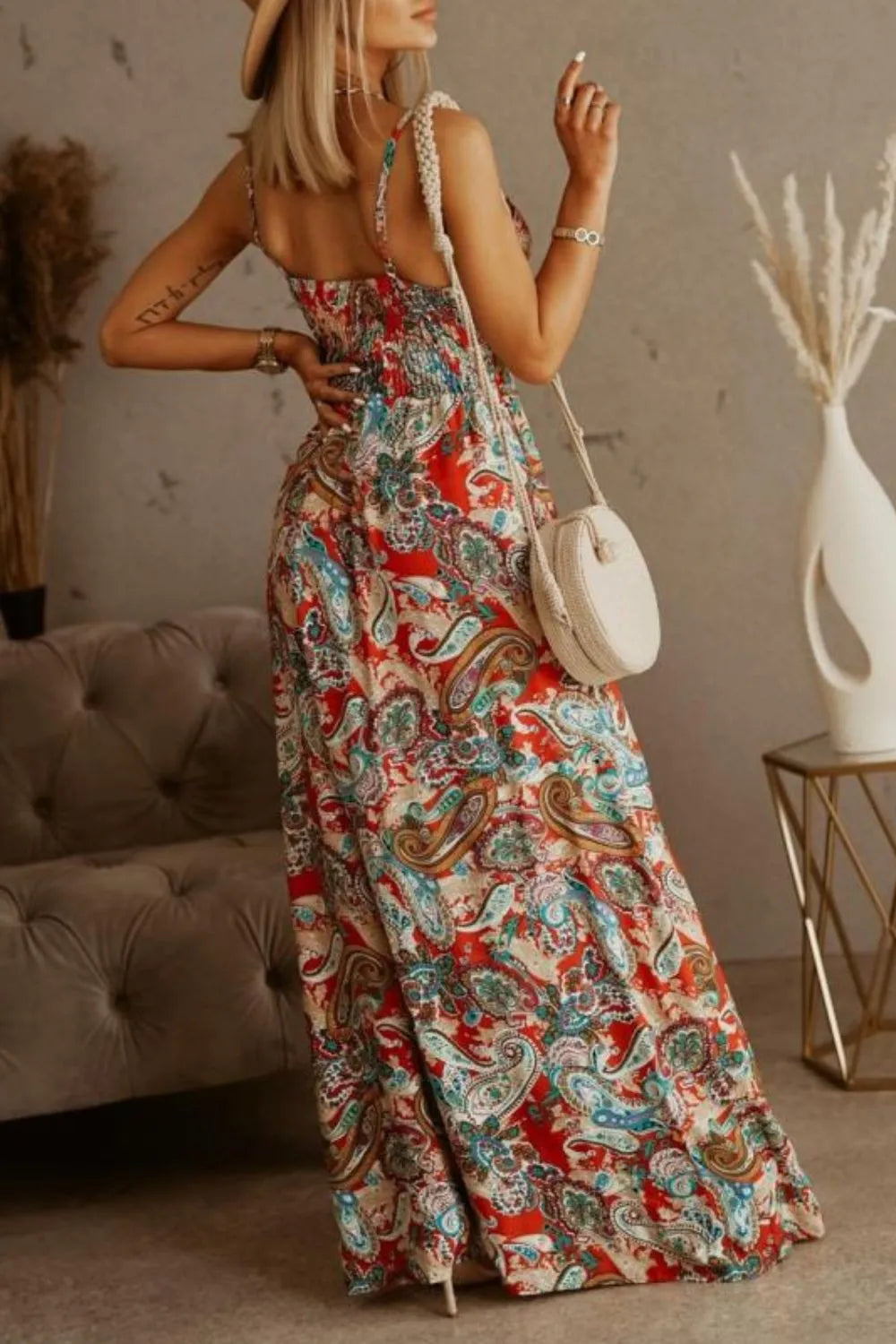 Smocked Spaghetti-Strap Printed Maxi Dress