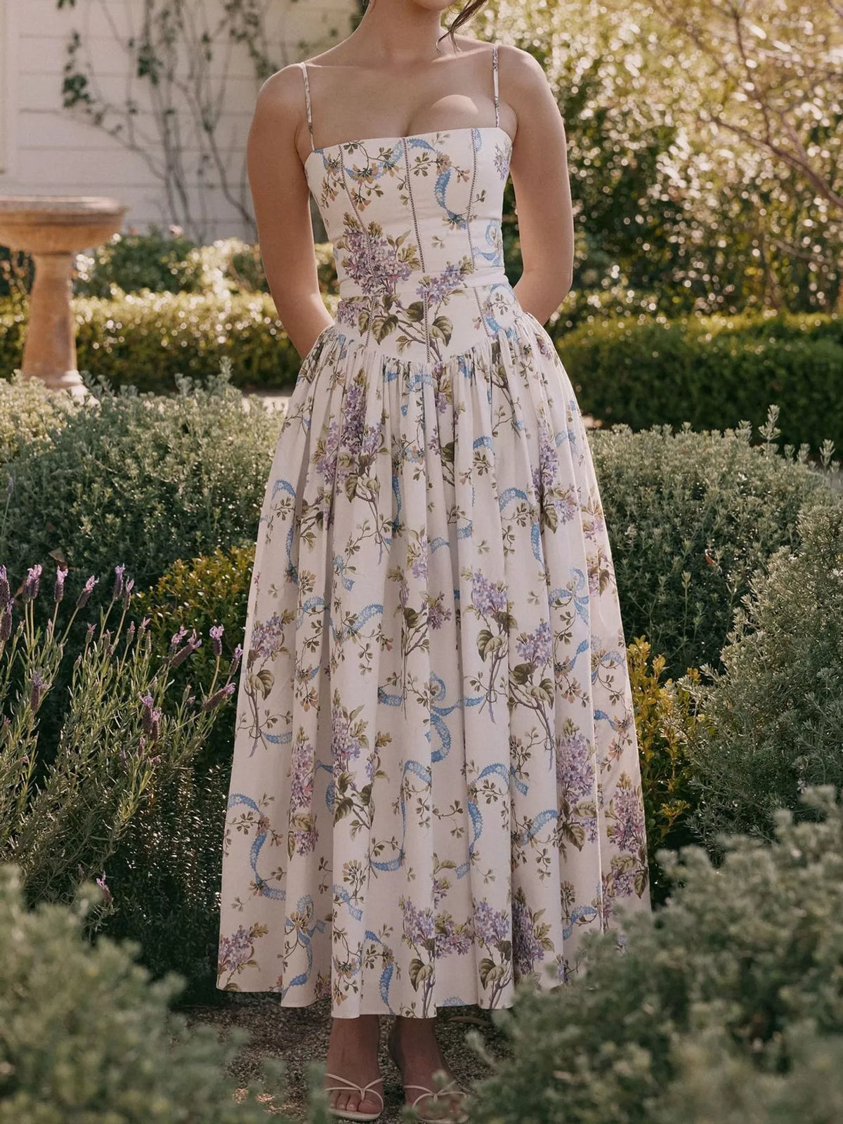 Floral Spaghetti Strap Midi Dress in White