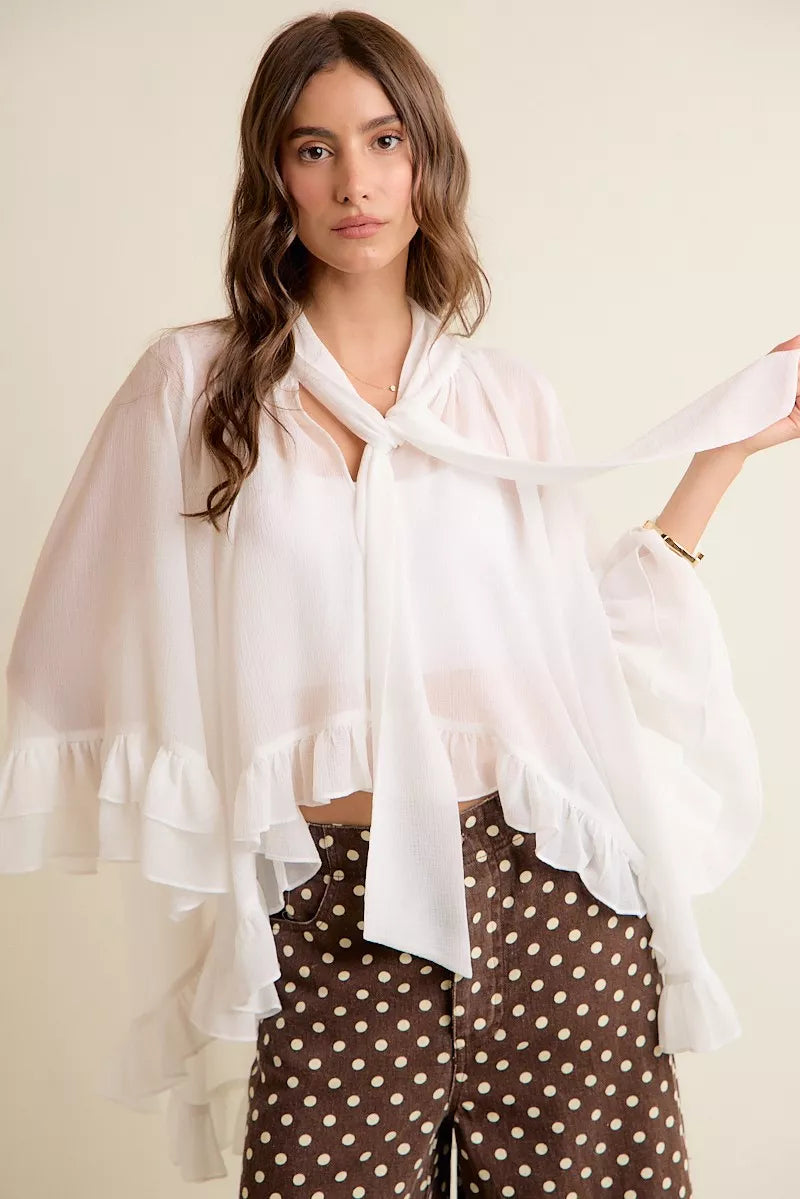 So Me Sheer Ruffle Bell-Sleeve Blouse in White
