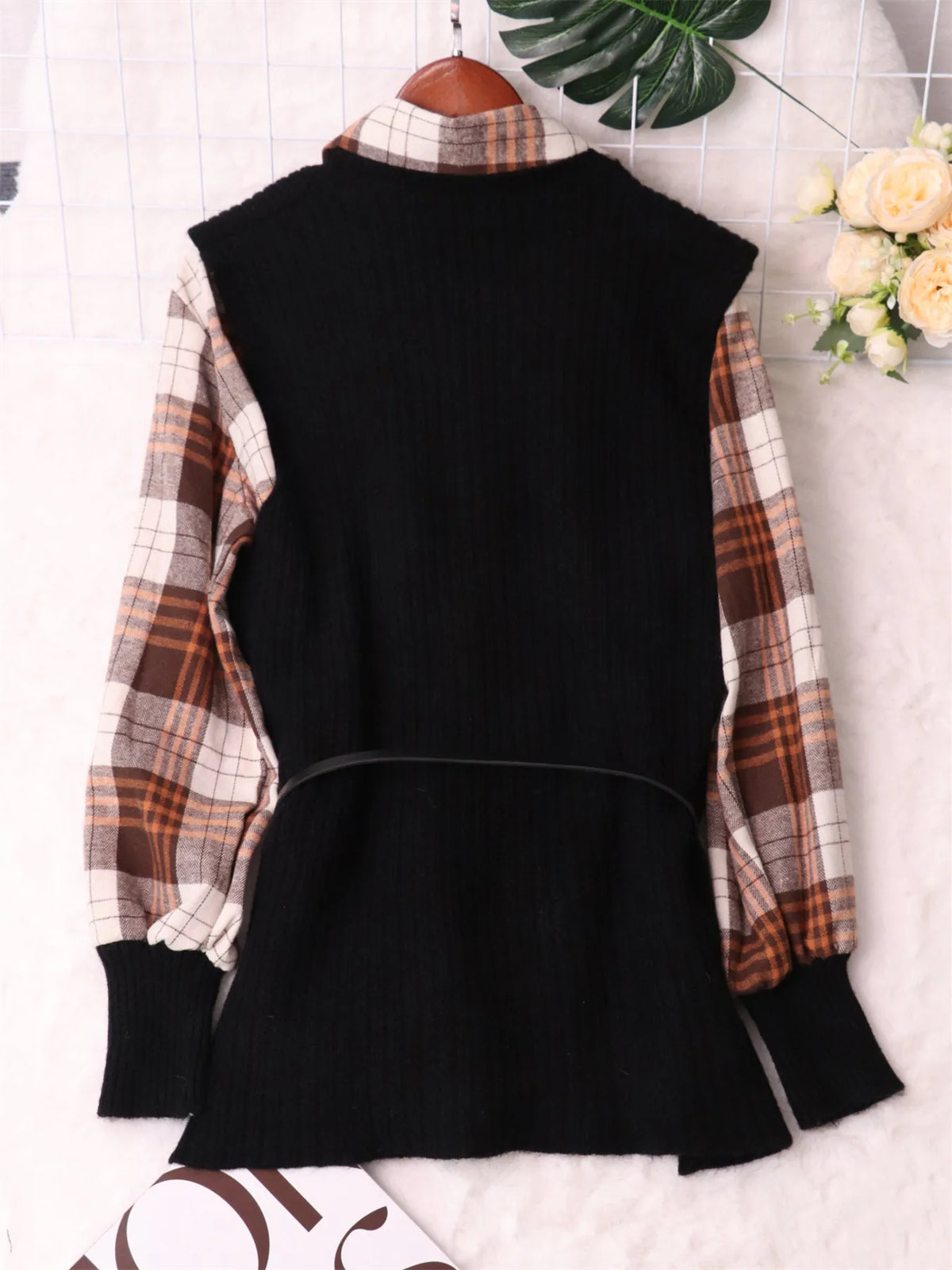 Plaid Long Sleeve Belted Sweater Dress