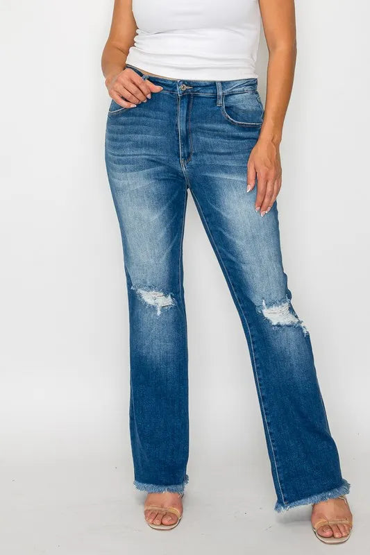 Raw Hem Distressed High Rise Bootcut Jeans in Medium Wash