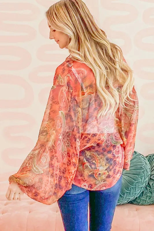 And The Why Front Tie Knot Oversized Print Top in Rust