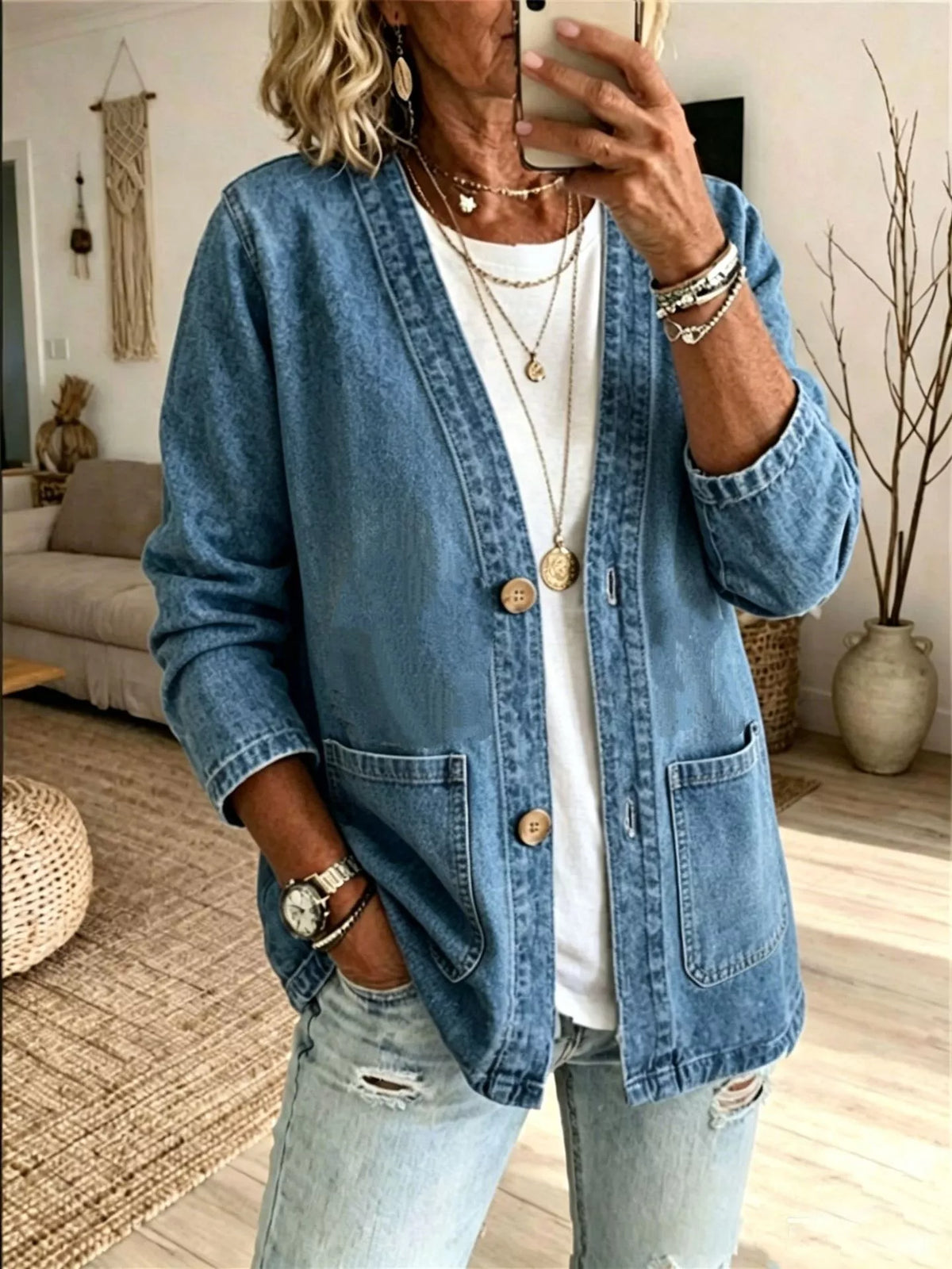 V-Neck Button-Down Denim Jacket by Invera