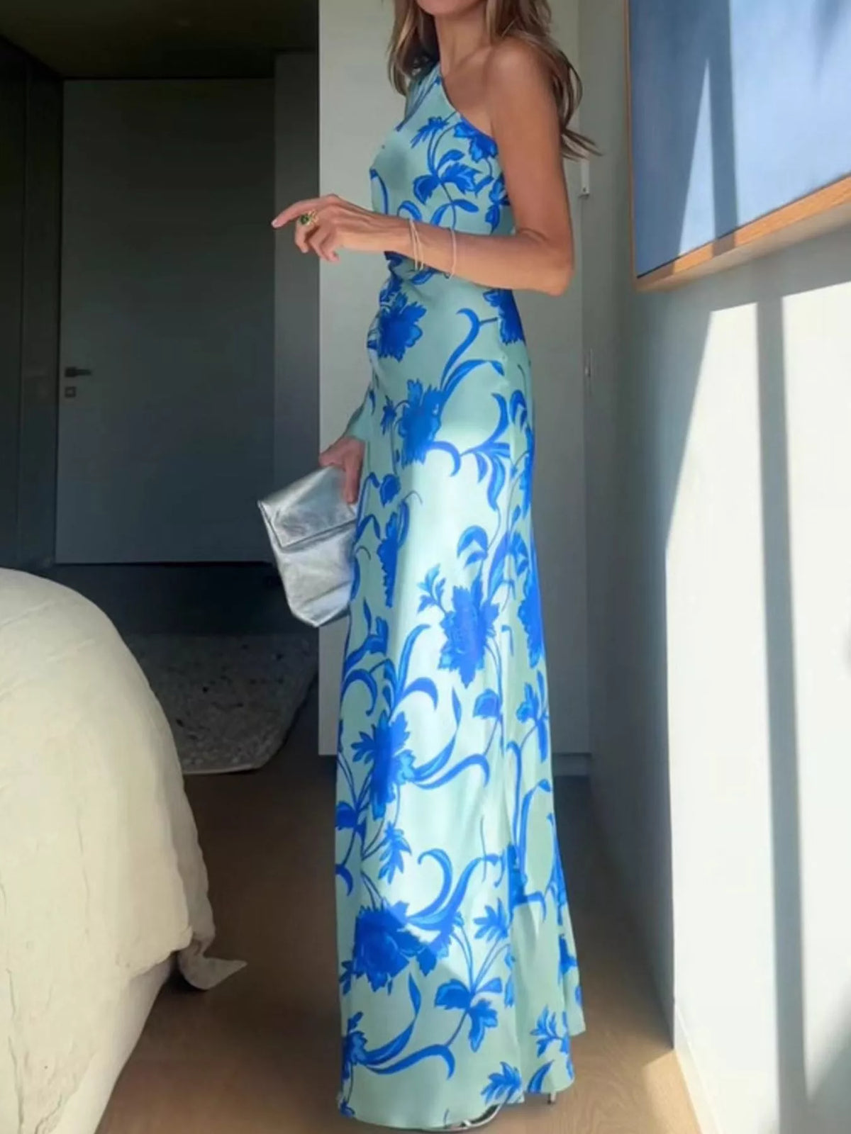 Floral One-Shoulder Maxi Dress in Sky Blue