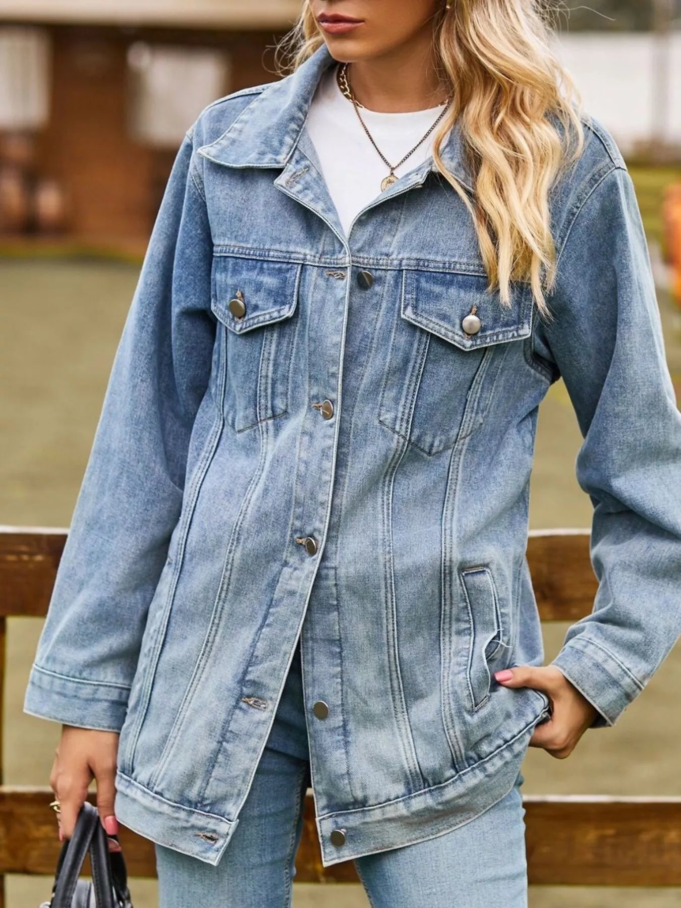 Button-Down Washed Denim Jacket in Hot Pink by Moni Wear