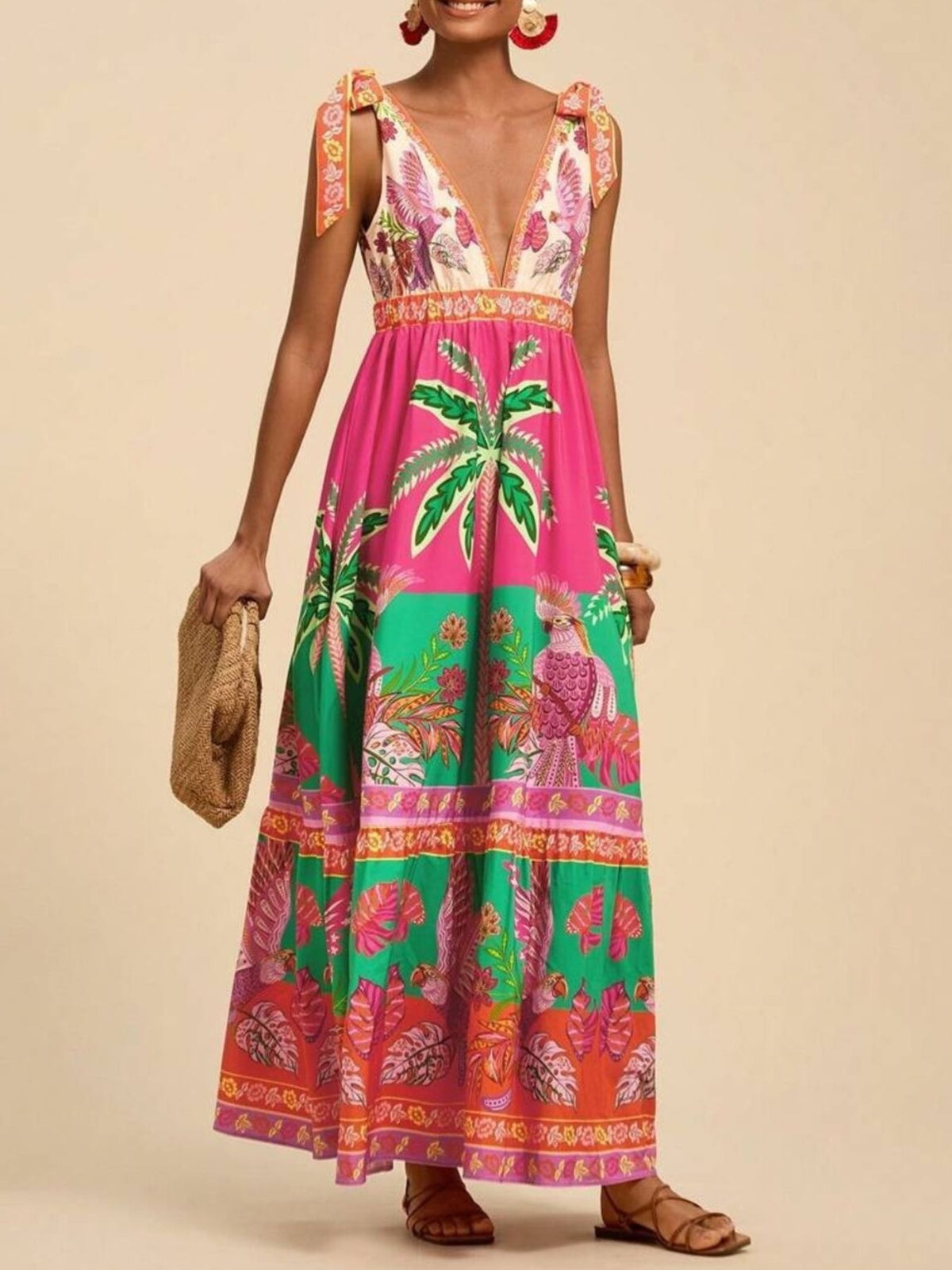 Tropical Print Tie-Shoulder Maxi Dress in Hot Pink