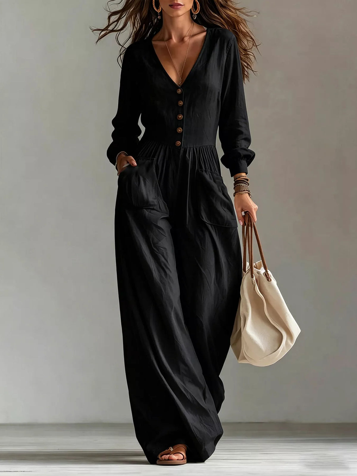 V-Neck Long-Sleeve Button-Down Wide-Leg Jumpsuit