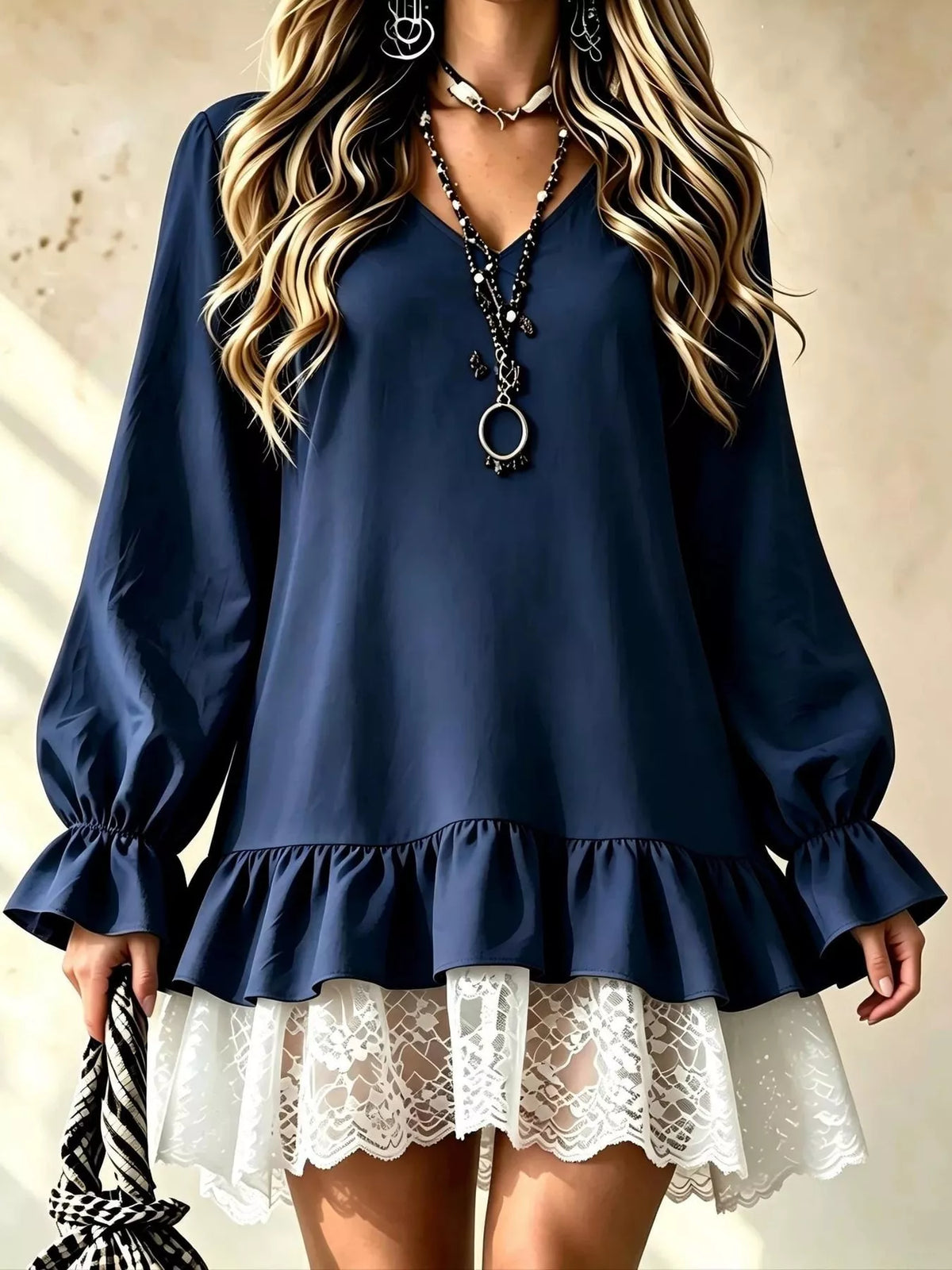Lace Hem Flounce Sleeve Dress