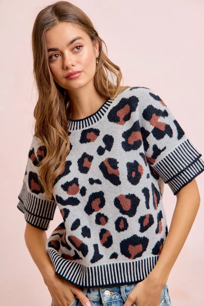 Two-Tone Double Sleeve Knit Top in Leopard by BiBi