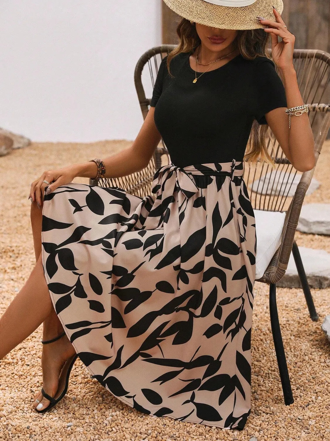 Belted Round Neck Midi Dress in Camel