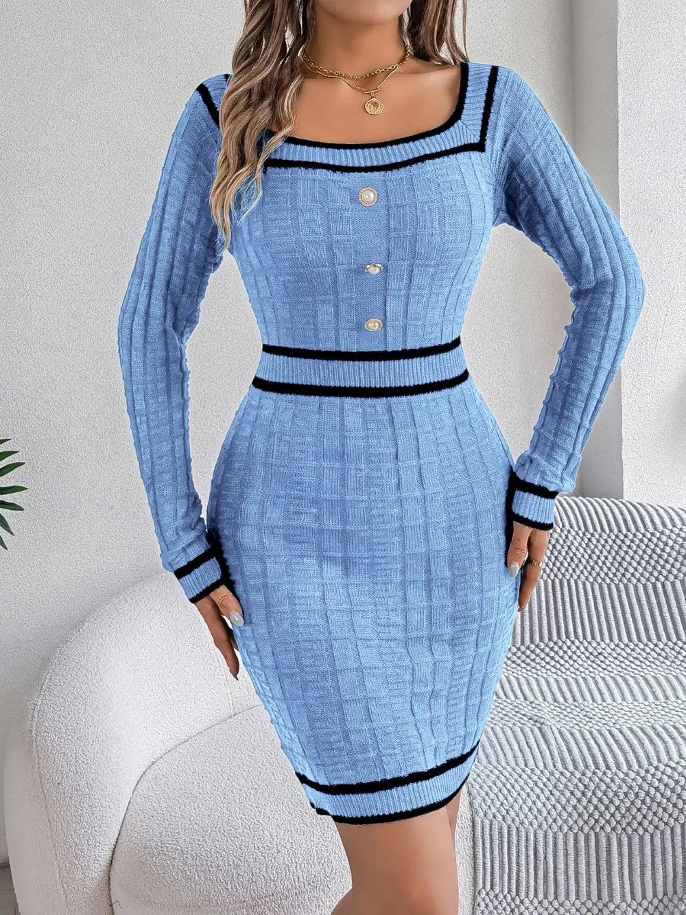 Contrast-Trim Long-Sleeve Sweater Dress