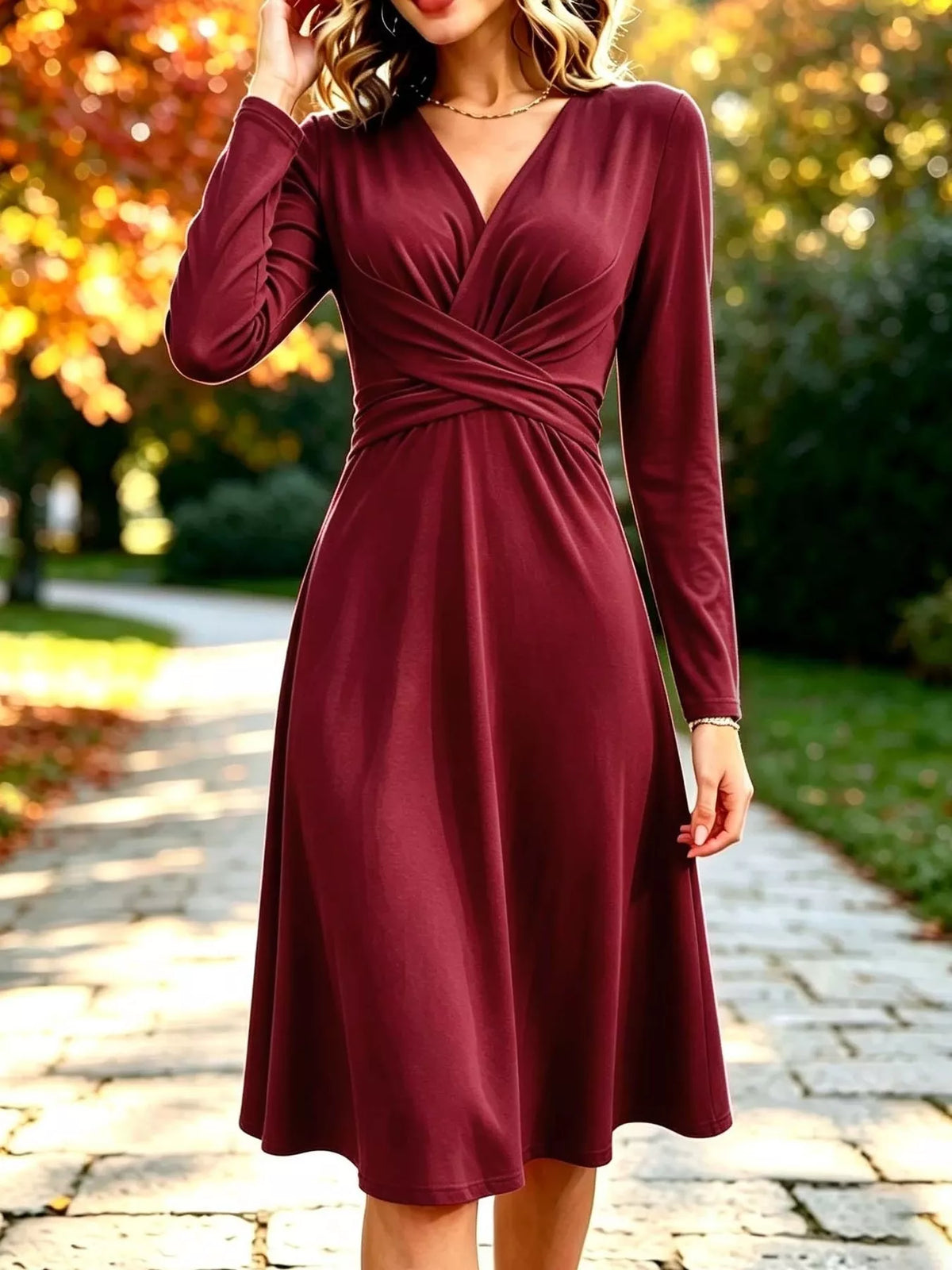 Ruched Long-Sleeve Midi Dress