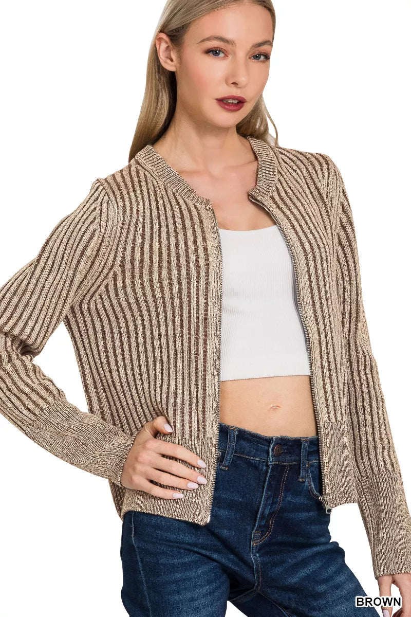 Zenana Ribbed Two-Tone Zip-Up Cardigan in Brown
