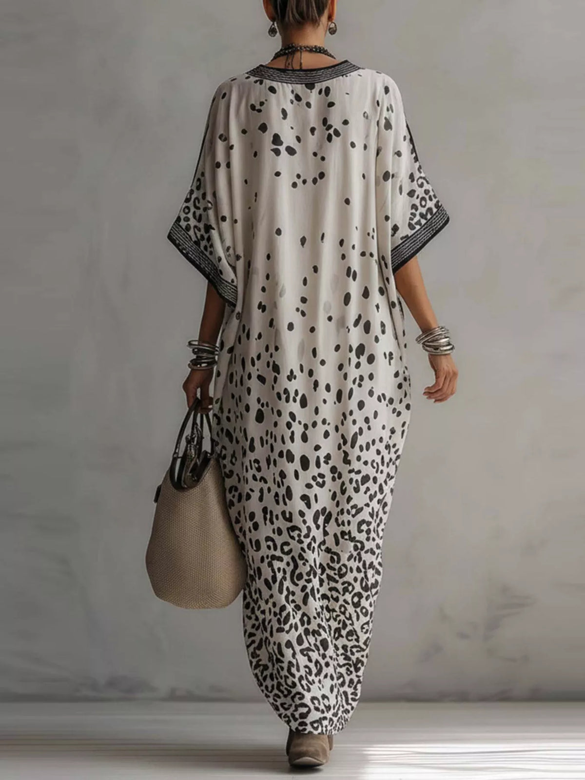Leopard Print V-Neck Maxi Dress in White