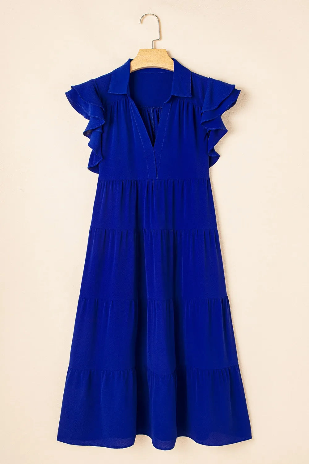 Ruffled Collared Tiered Midi Dress in Light Indigo