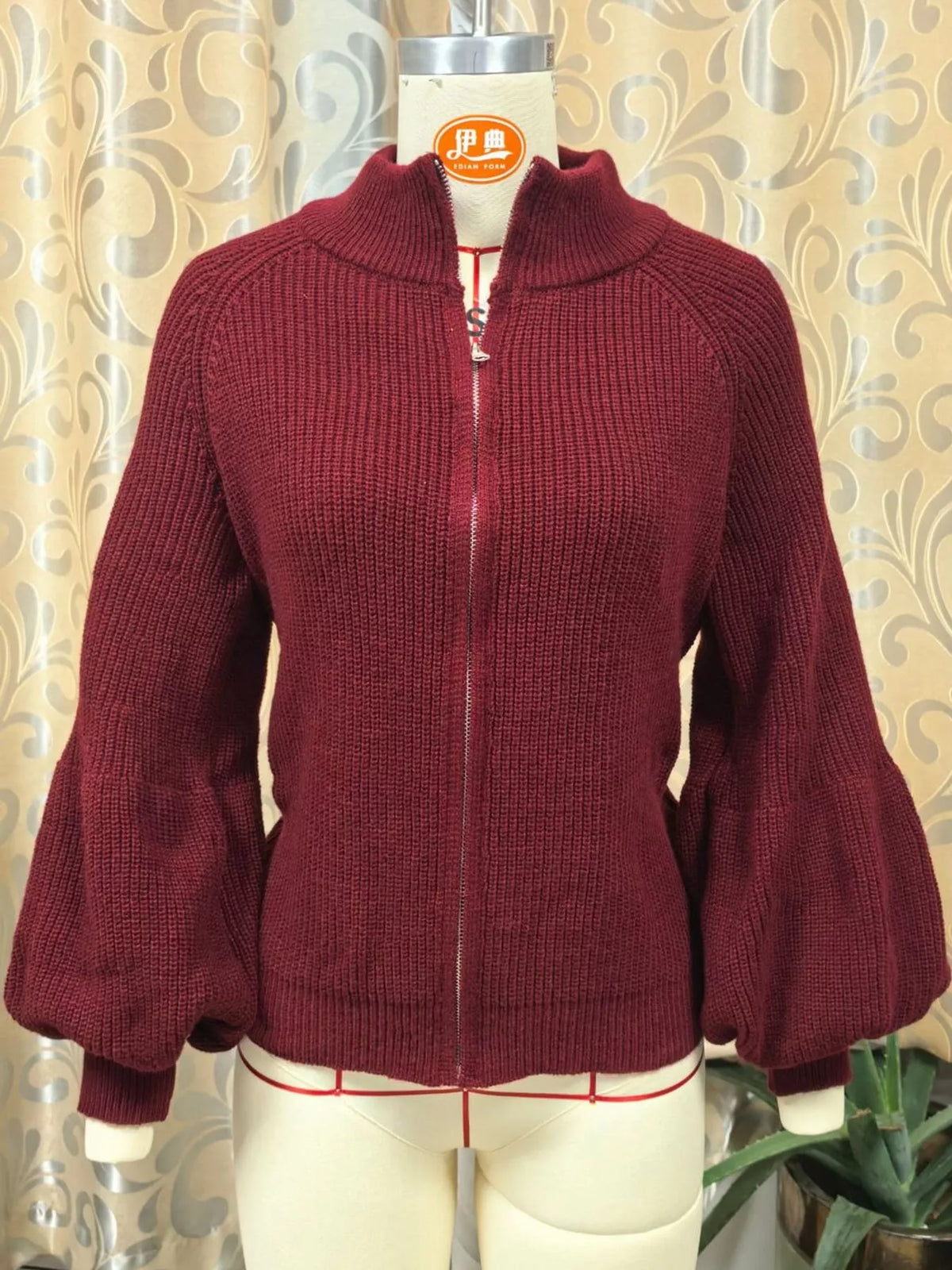 Ribbed Knit Zip-Up Cardigan with Lantern Sleeves