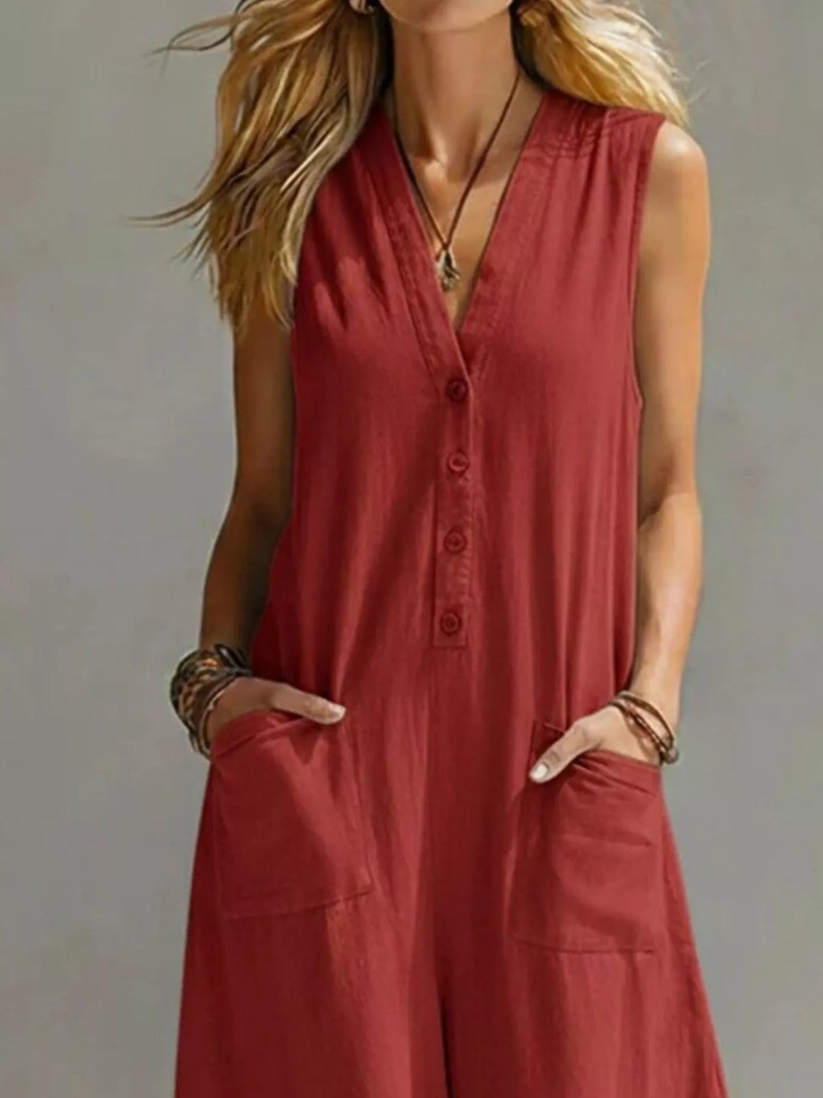 V-Neck Sleeveless Wide Leg Jumpsuit, Plus Size