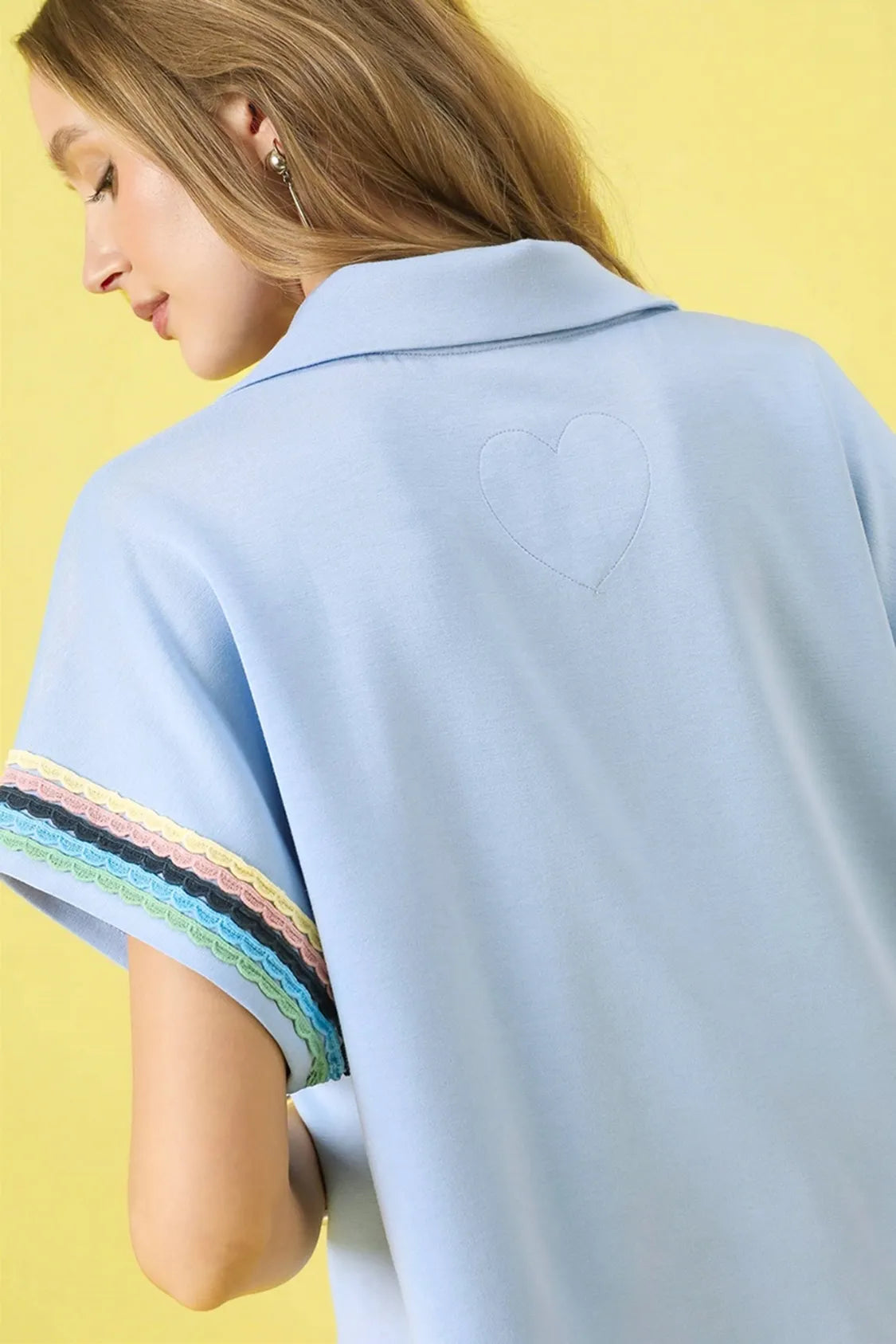 Umgee Contrast Trim Half-Zip Collared Blouse in Ice Blue