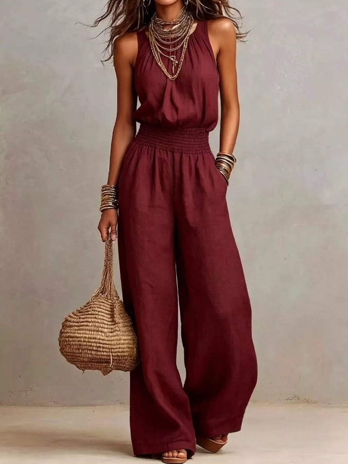 Halter Neck Smocked Wide-Leg Jumpsuit
