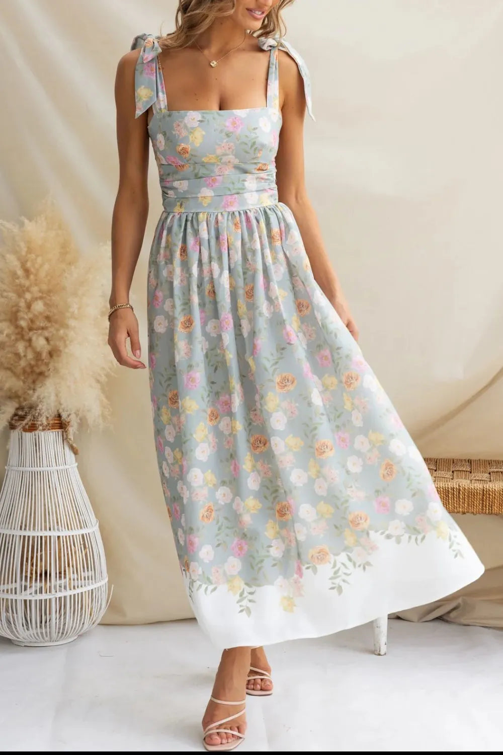 Printed Tie-Shoulder Midi Cami Dress