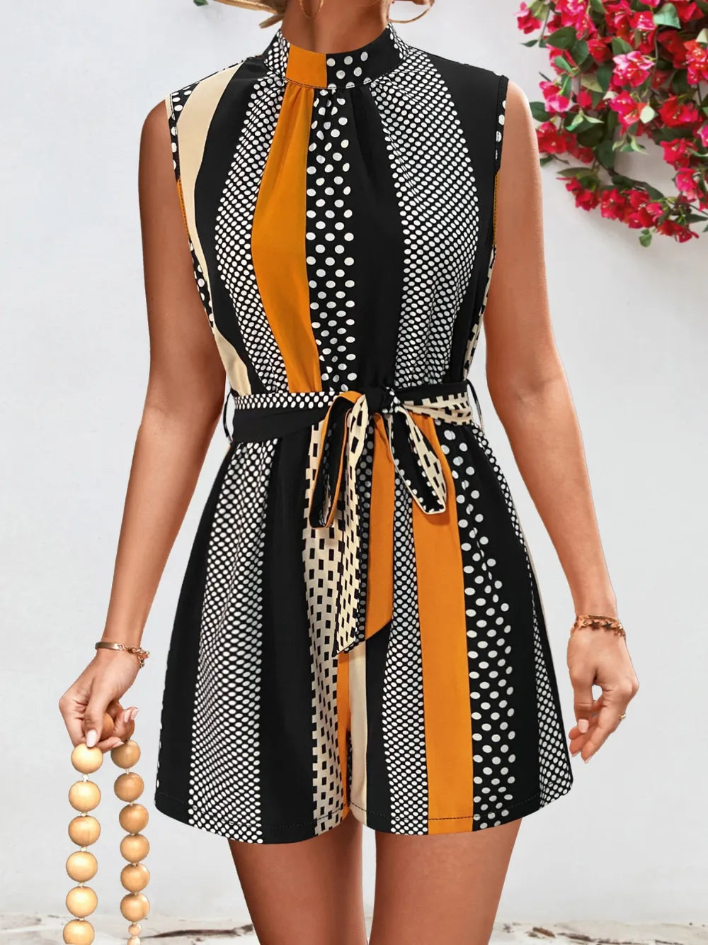 Tied Color Block Sleeveless Romper in Black