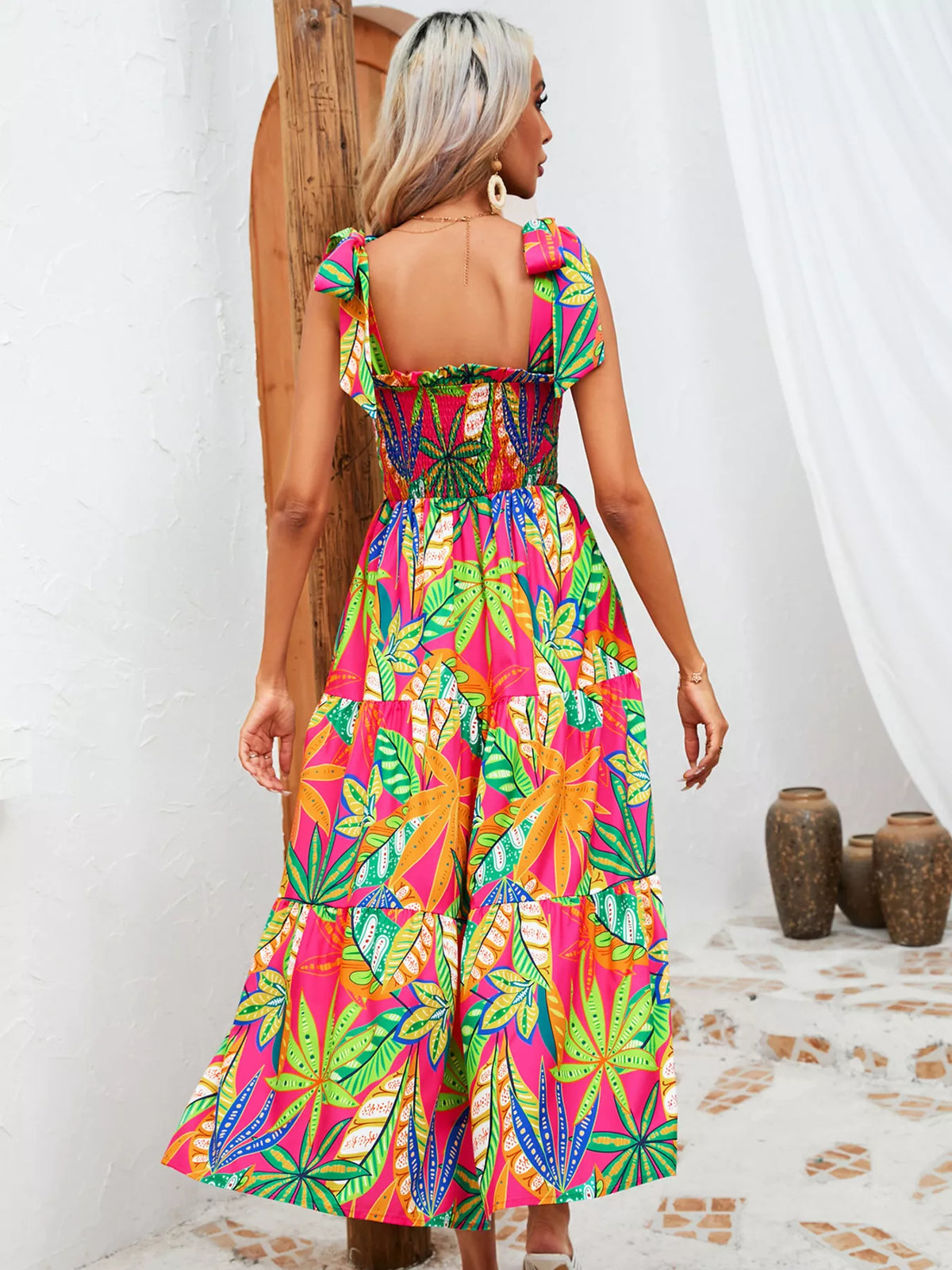 Tropical Print Smocked Tie-Strap Dress in Green