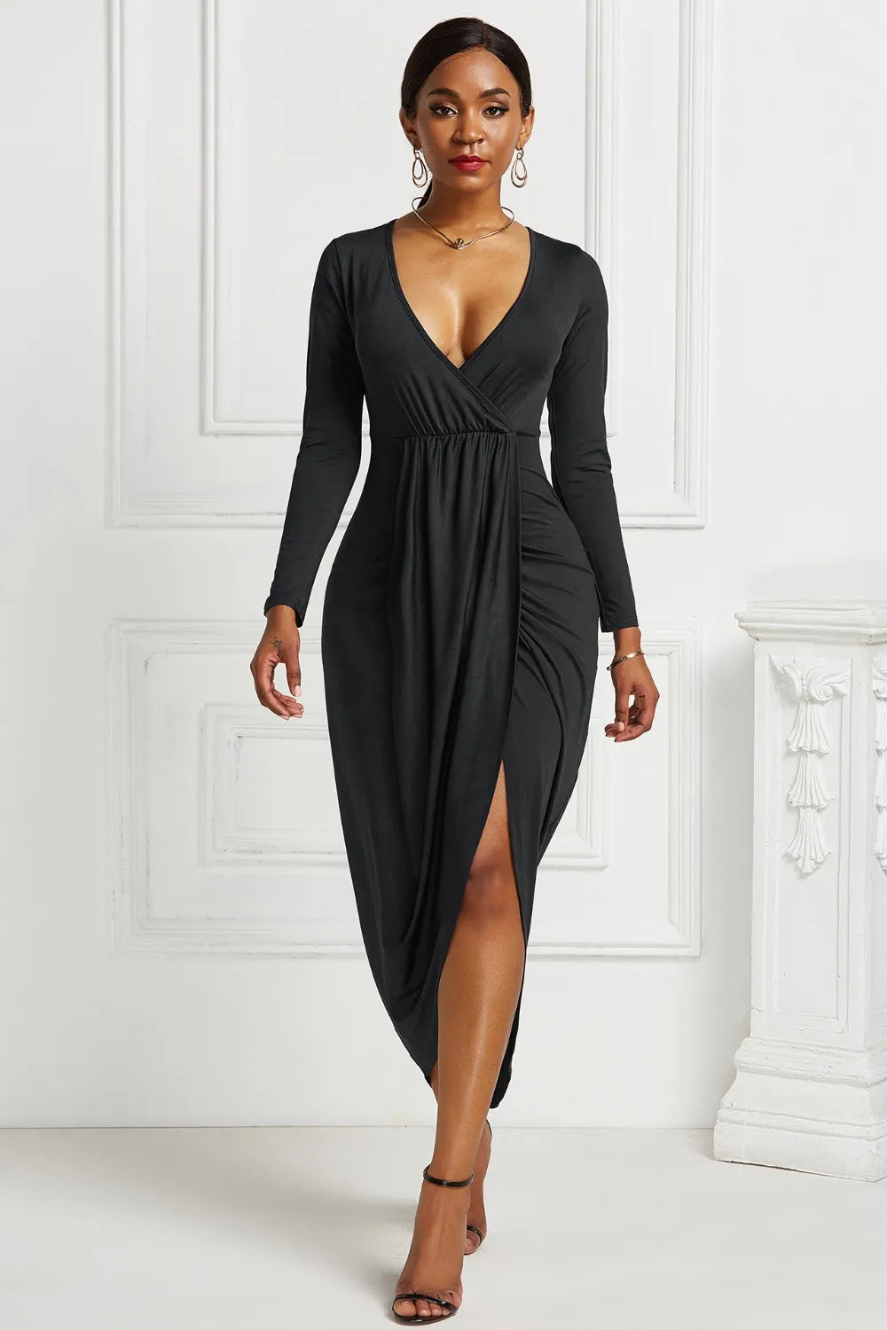 Ruched Surplice Long Sleeve High-Low Dress