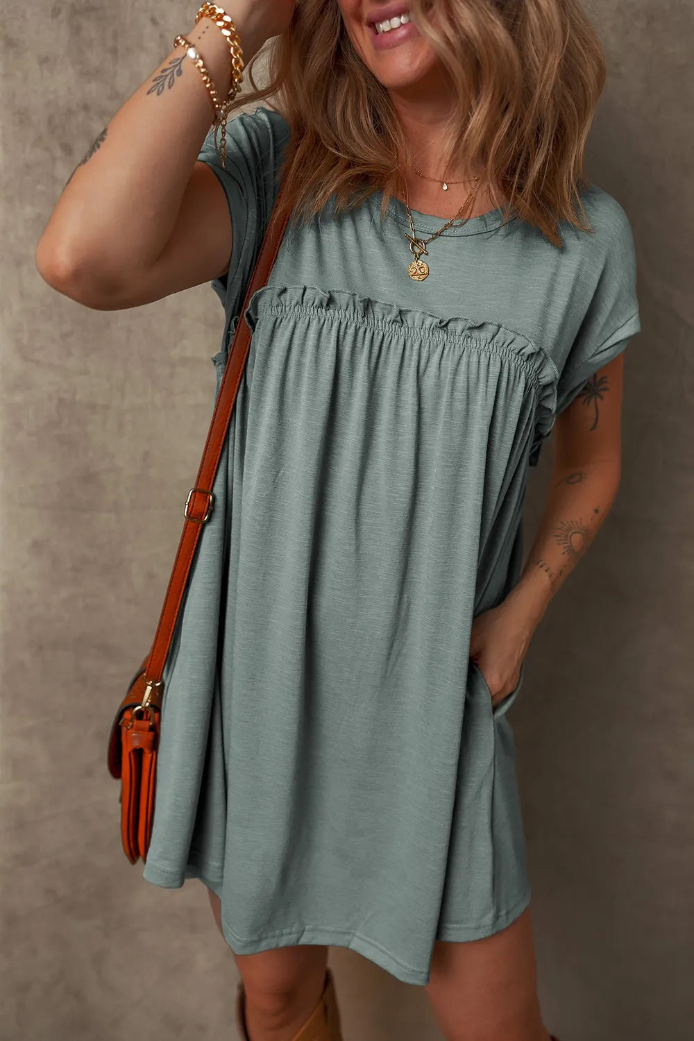 Frilled Round Neck T-Shirt Dress in Sage