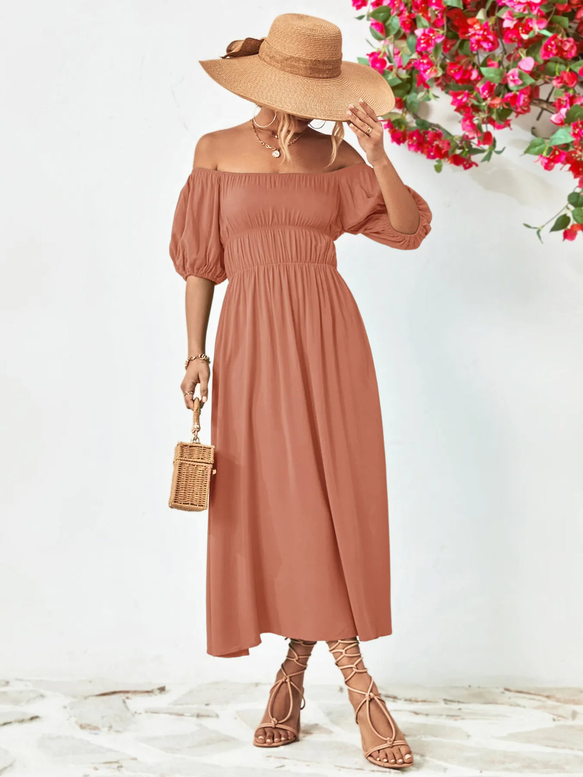 Off-Shoulder Puff-Sleeve Smocked Maxi Dress